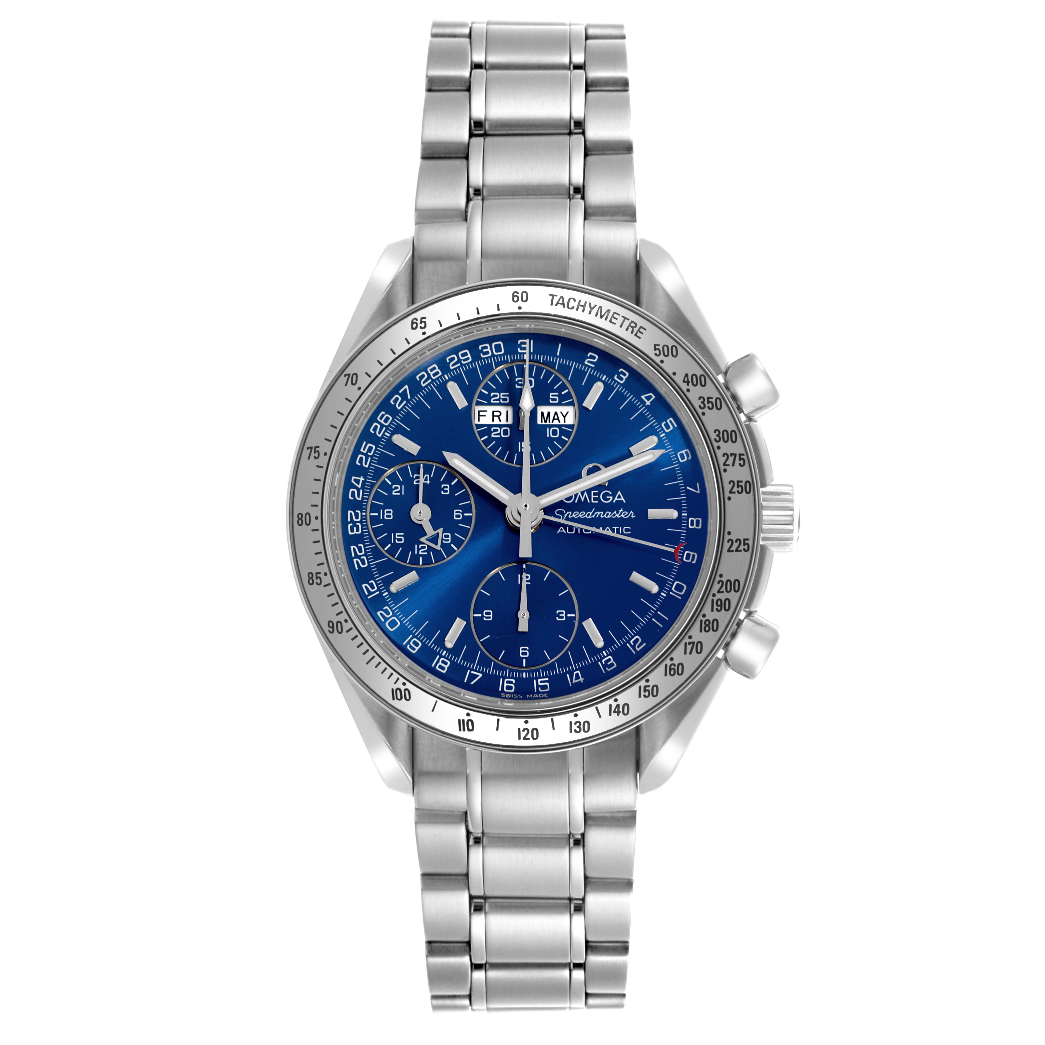 The Omega Speedmaster 3523.80.00 Men
s Stainless Steel Blue Dial 3523.80.00 Men
s Stainless Steel Blue Dial watch is shown from the front, highlighting the blue dial, chronograph subdials, and stainless steel bracelet.