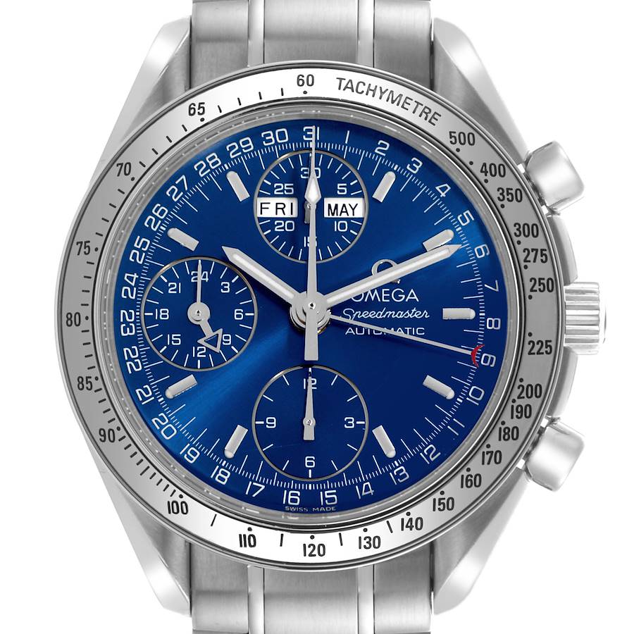 The Omega Speedmaster is shown from a front angle, highlighting the tachymeter bezel, blue dial, subdials, and day-date windows.