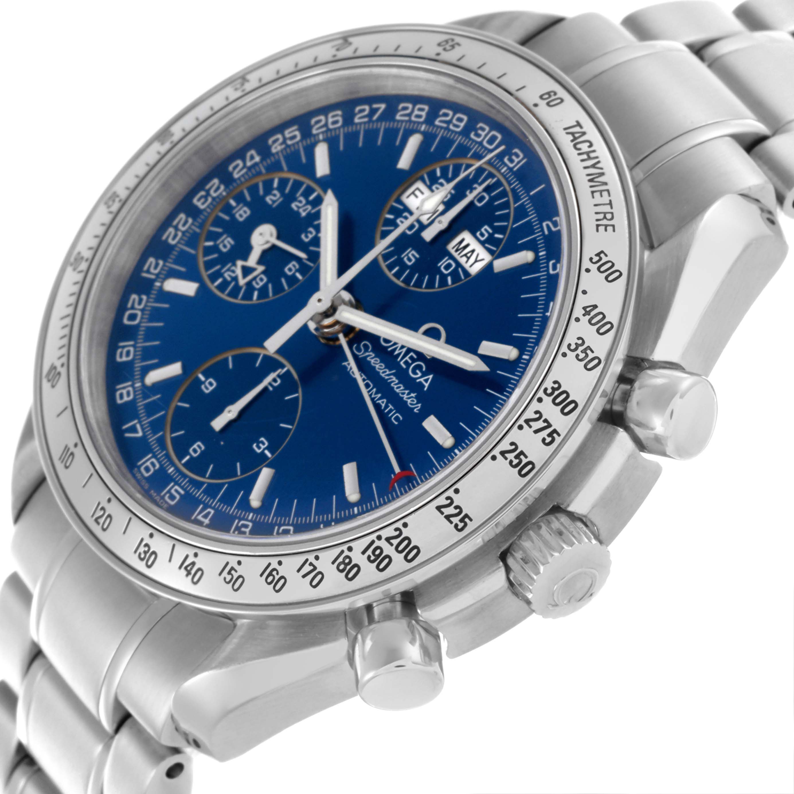 The Omega Speedmaster 3523.80.00 Men
s Stainless Steel Blue Dial 3523.80.00 Men
s Stainless Steel Blue Dial watch is shown from an angled side view highlighting the bezel, crown, and chronograph subdials.