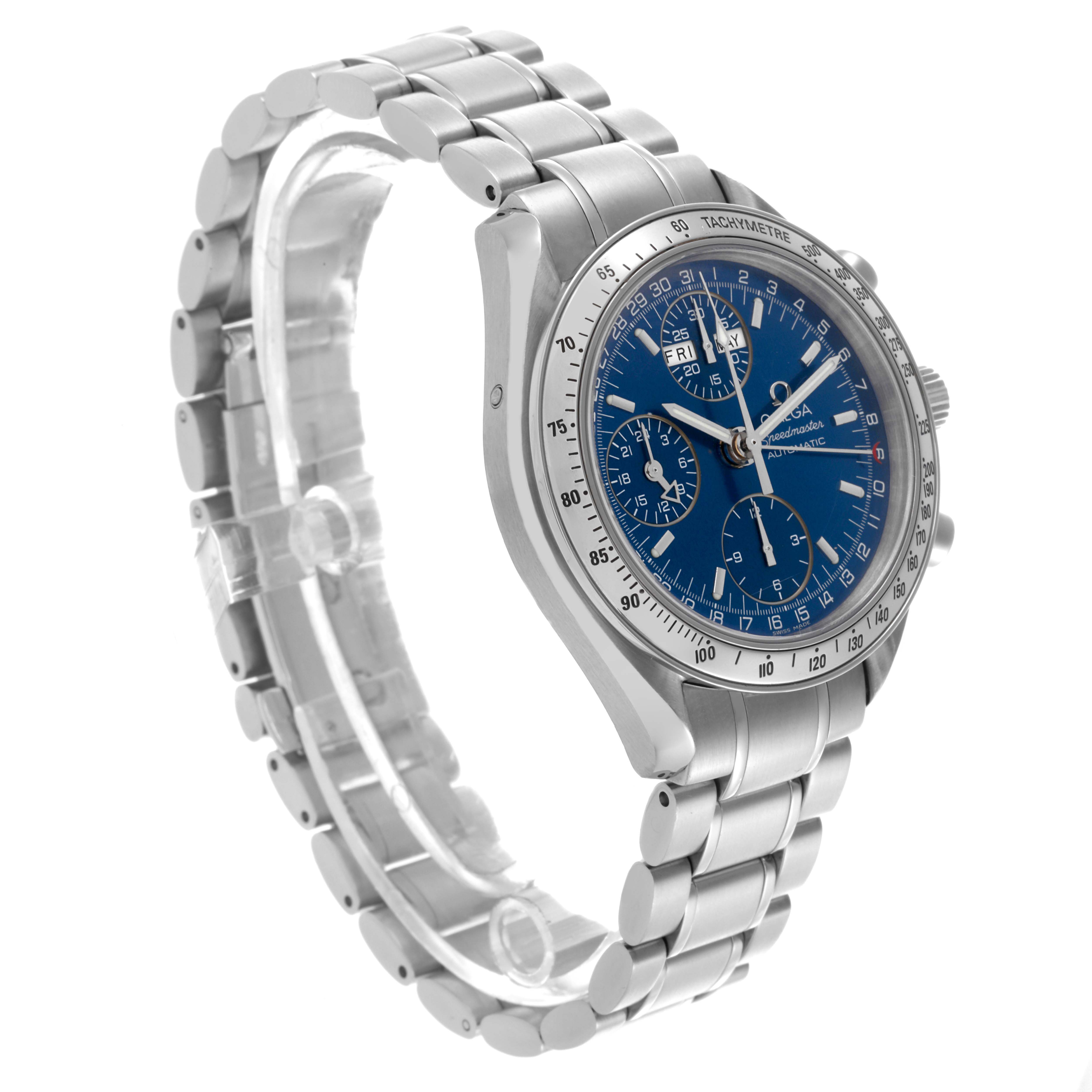 The image shows an Omega Speedmaster 3523.80.00 Men
s Stainless Steel Blue Dial 3523.80.00 Men
s Stainless Steel Blue Dial watch at a three-quarter angle, highlighting the face, bezel, and bracelet.