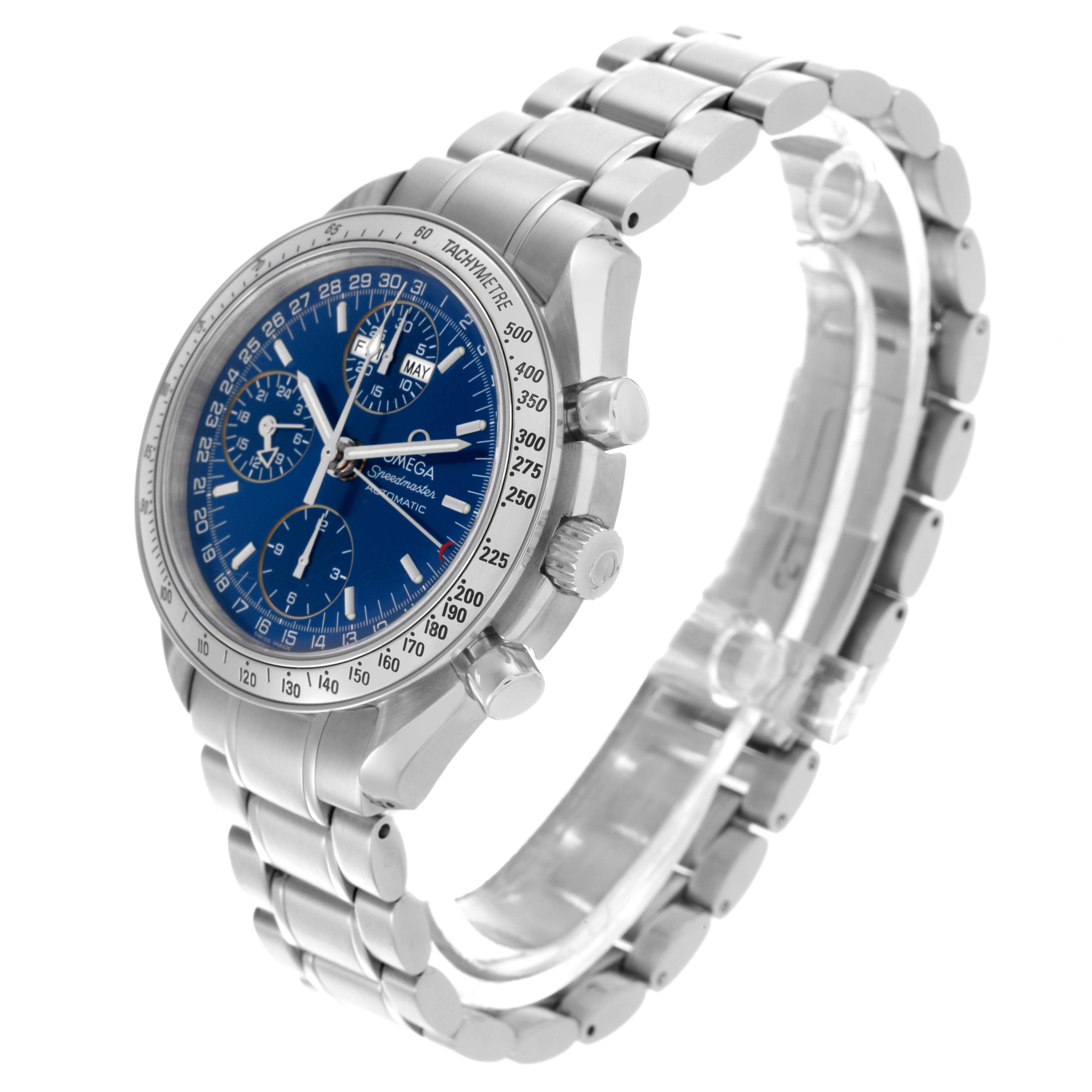 The Omega Speedmaster 3523.80.00 Men
s Stainless Steel Blue Dial 3523.80.00 Men
s Stainless Steel Blue Dial watch is shown at a side angle, highlighting the case, bezel, dial, crown, and bracelet.