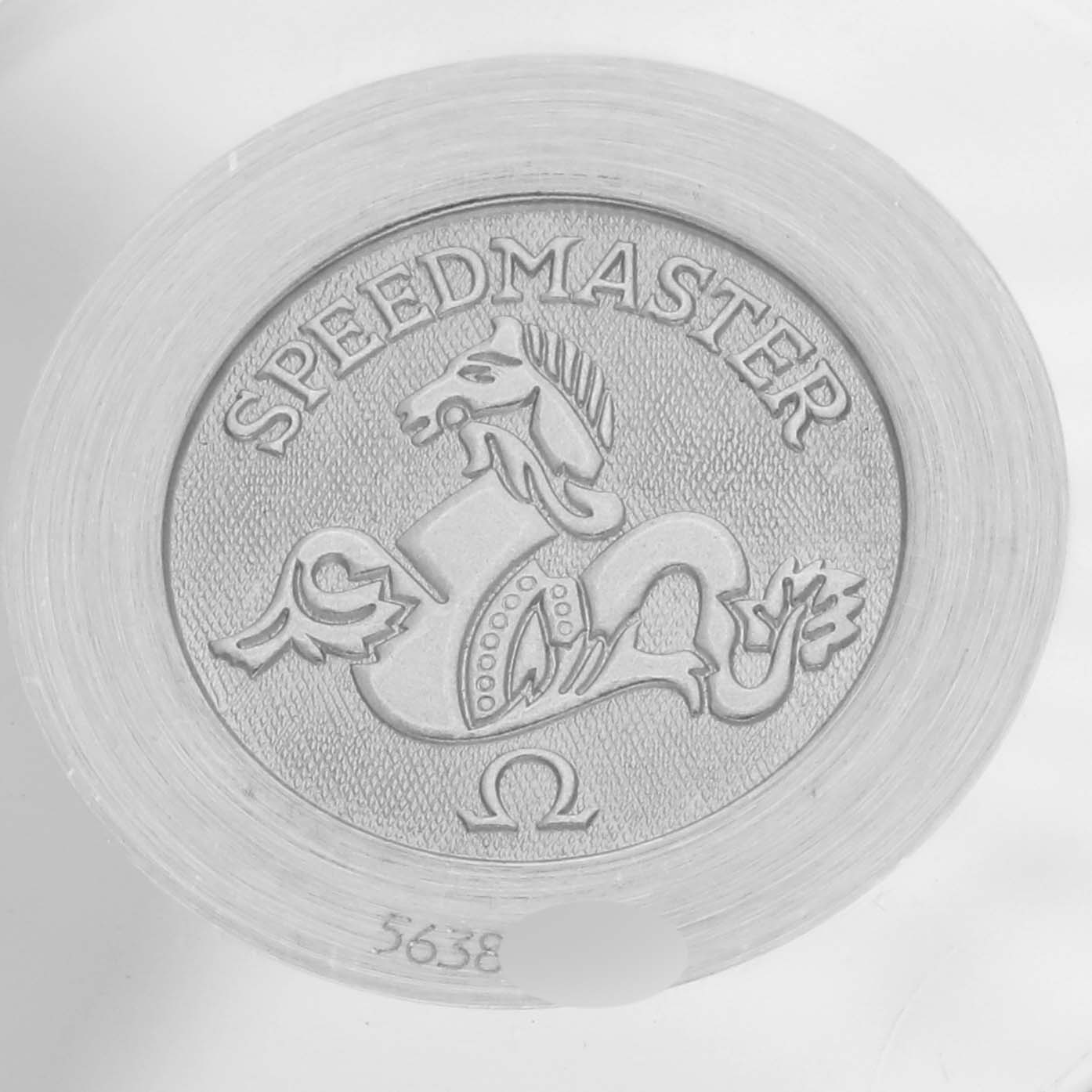 The image shows the engraved case back with the "Speedmaster" logo of the Omega Speedmaster 3523.80.00 Men
s Stainless Steel Blue Dial 3523.80.00 Men
s Stainless Steel Blue Dial watch.