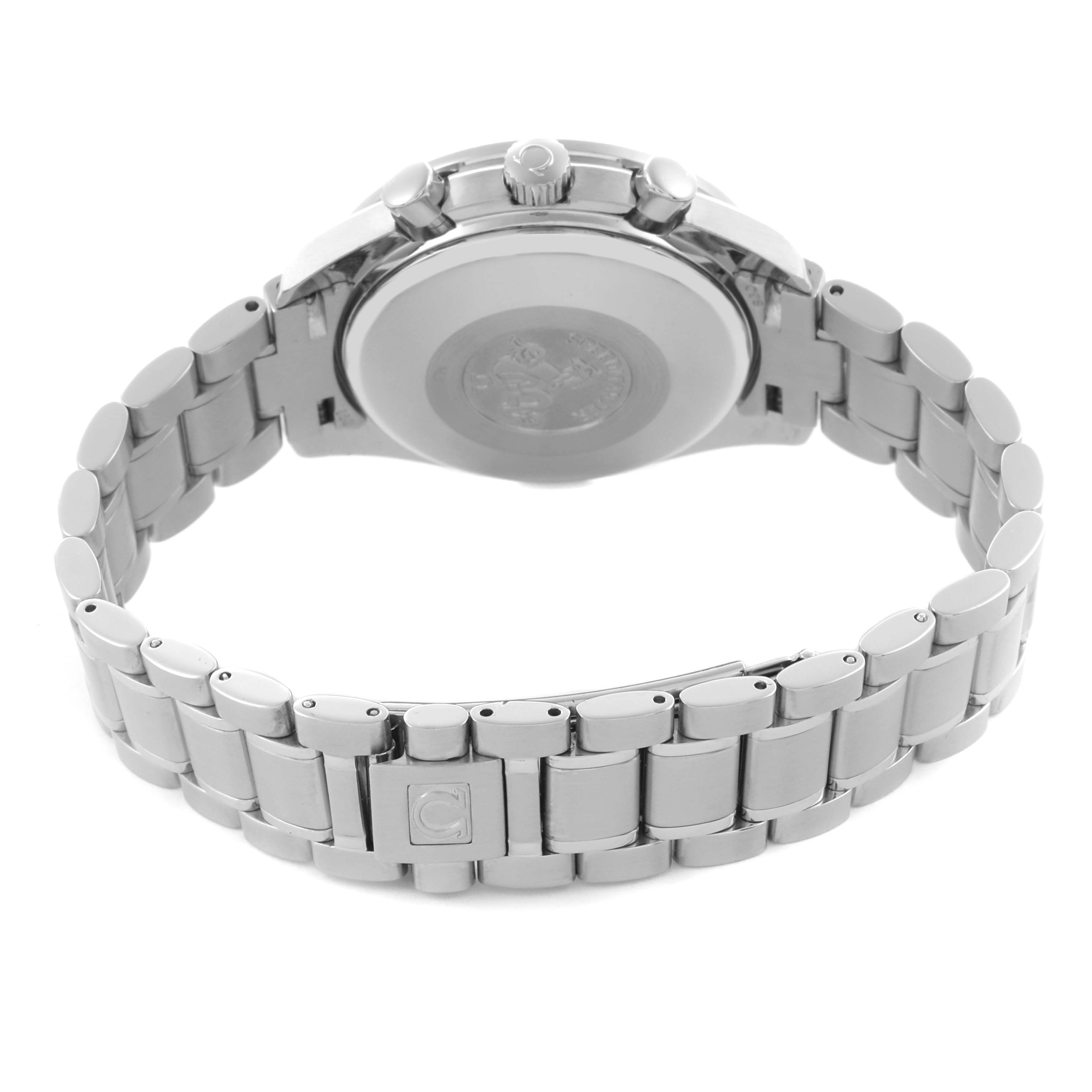 The image shows the back view of an Omega Speedmaster 3523.80.00 Men
s Stainless Steel Blue Dial 3523.80.00 Men
s Stainless Steel Blue Dial, focusing on the case back and stainless steel bracelet.