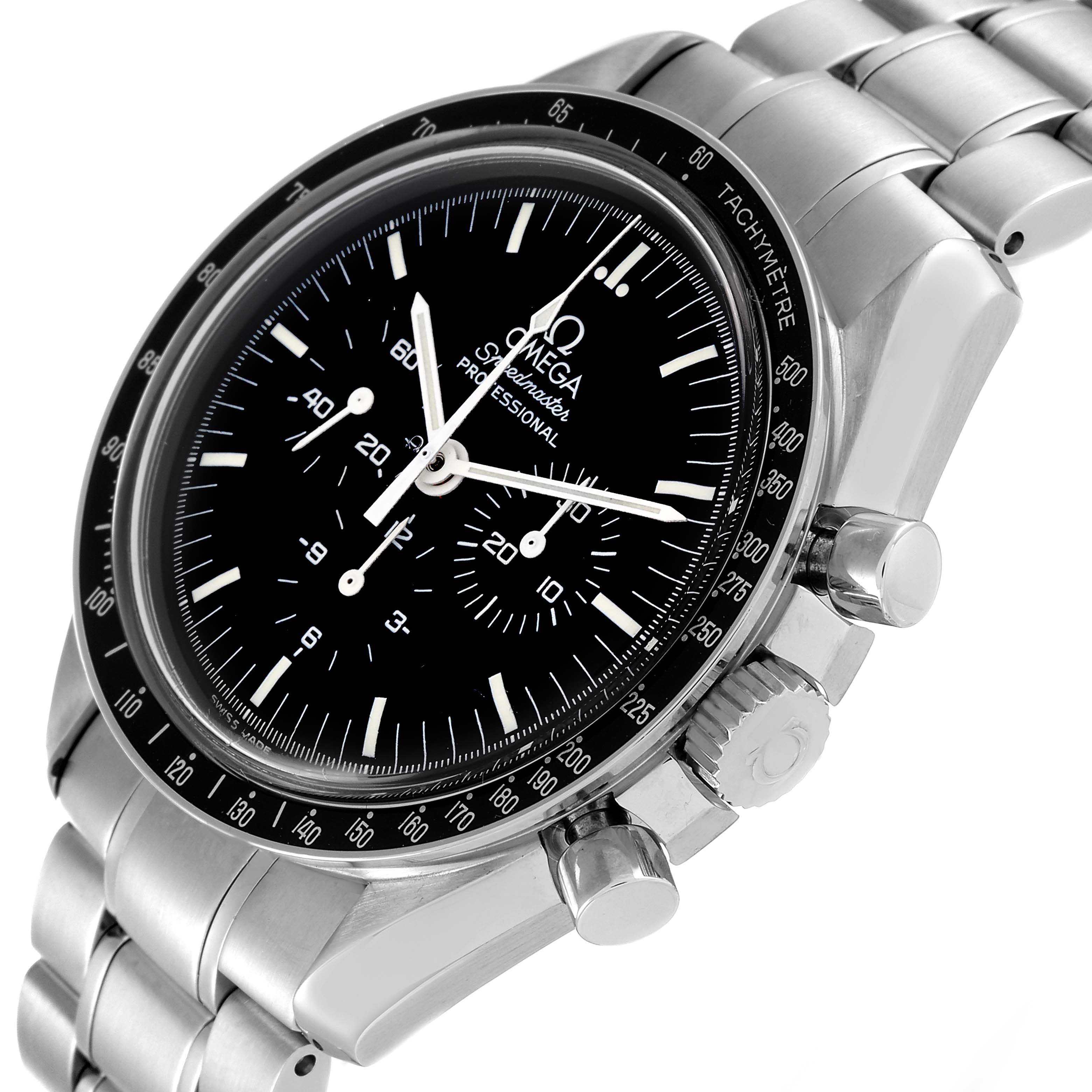 The image displays an Omega Speedmaster 3572.50.00 Men's Stainless Steel Black Dial 3572.50.00 Men's Stainless Steel Black Dial watch at a slight angle, showing the face, bezel, crown, and stainless steel bracelet.