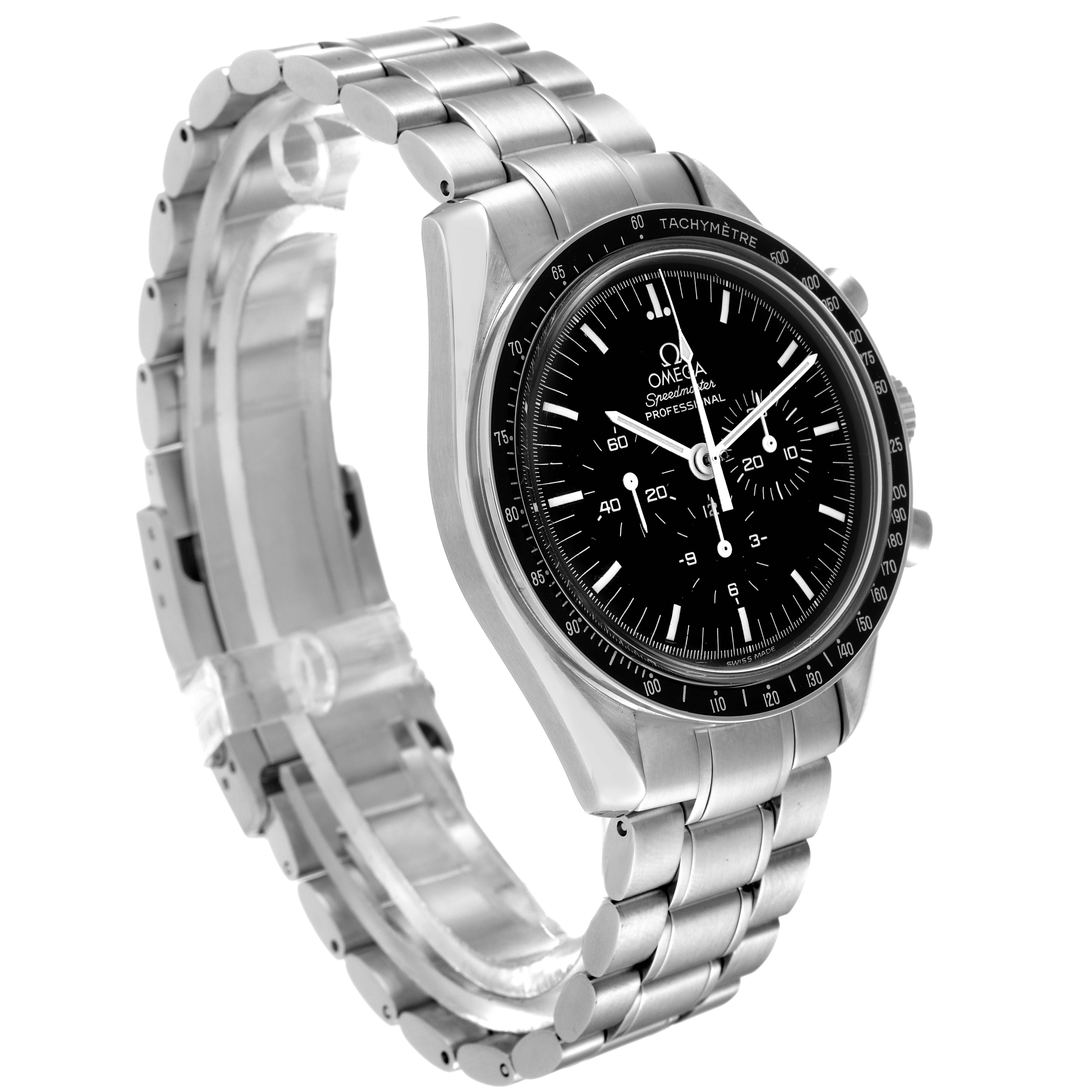 The image shows an Omega Speedmaster 3572.50.00 Men's Stainless Steel Black Dial 3572.50.00 Men's Stainless Steel Black Dial watch angled from the front-left, highlighting the dial, bezel, and stainless steel bracelet.