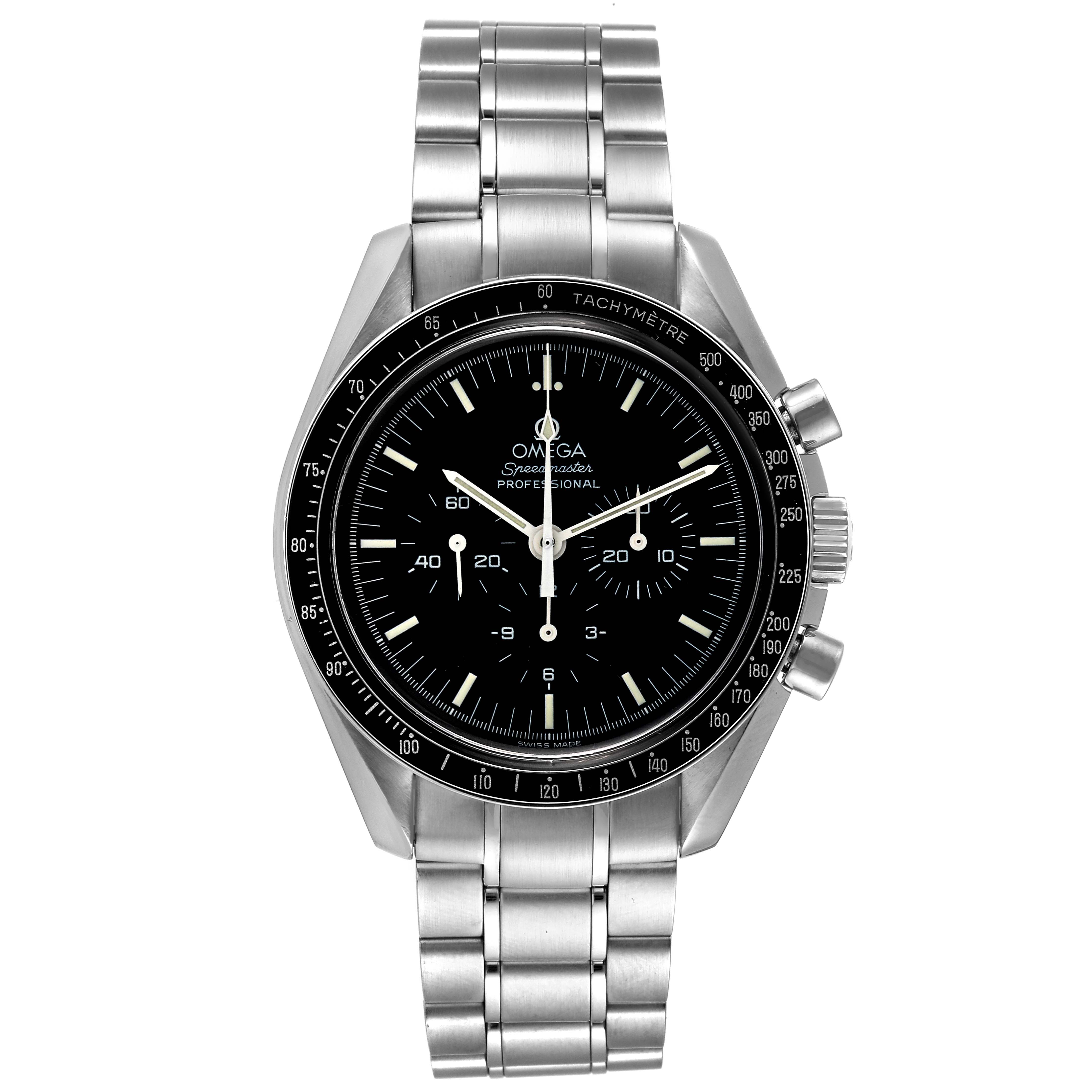 This image shows a front view of the Omega Speedmaster 3572.50.00 Men's Stainless Steel Black Dial 3572.50.00 Men's Stainless Steel Black Dial watch, featuring its black dial, tachymetre bezel, and stainless steel bracelet.