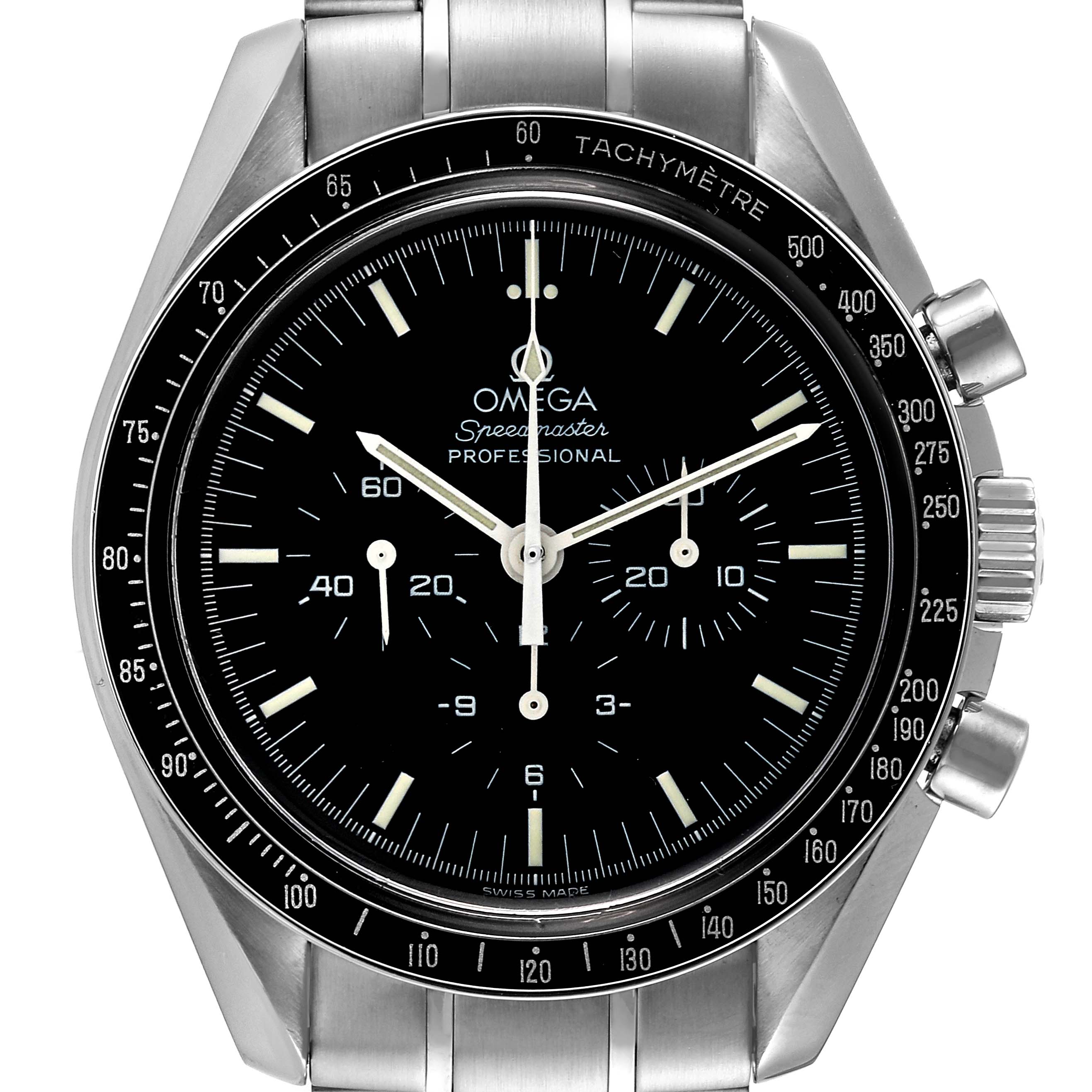 This image shows a close-up, front view of the Omega Speedmaster 3572.50.00 Men's Stainless Steel Black Dial 3572.50.00 Men's Stainless Steel Black Dial watch dial and bezel.