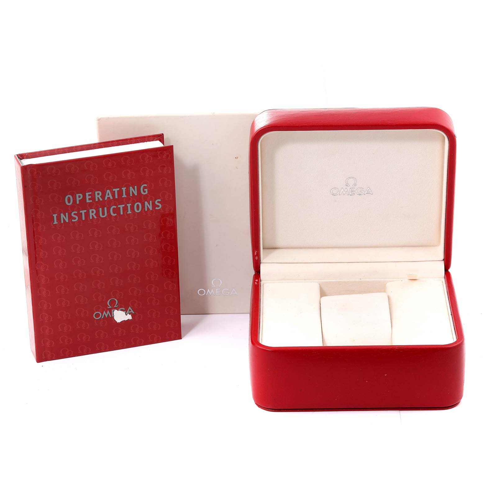 The image shows the red operating instructions manual, a beige box, and the red watch case for an Omega Speedmaster 3572.50.00 Men's Stainless Steel Black Dial 3572.50.00 Men's Stainless Steel Black Dial.