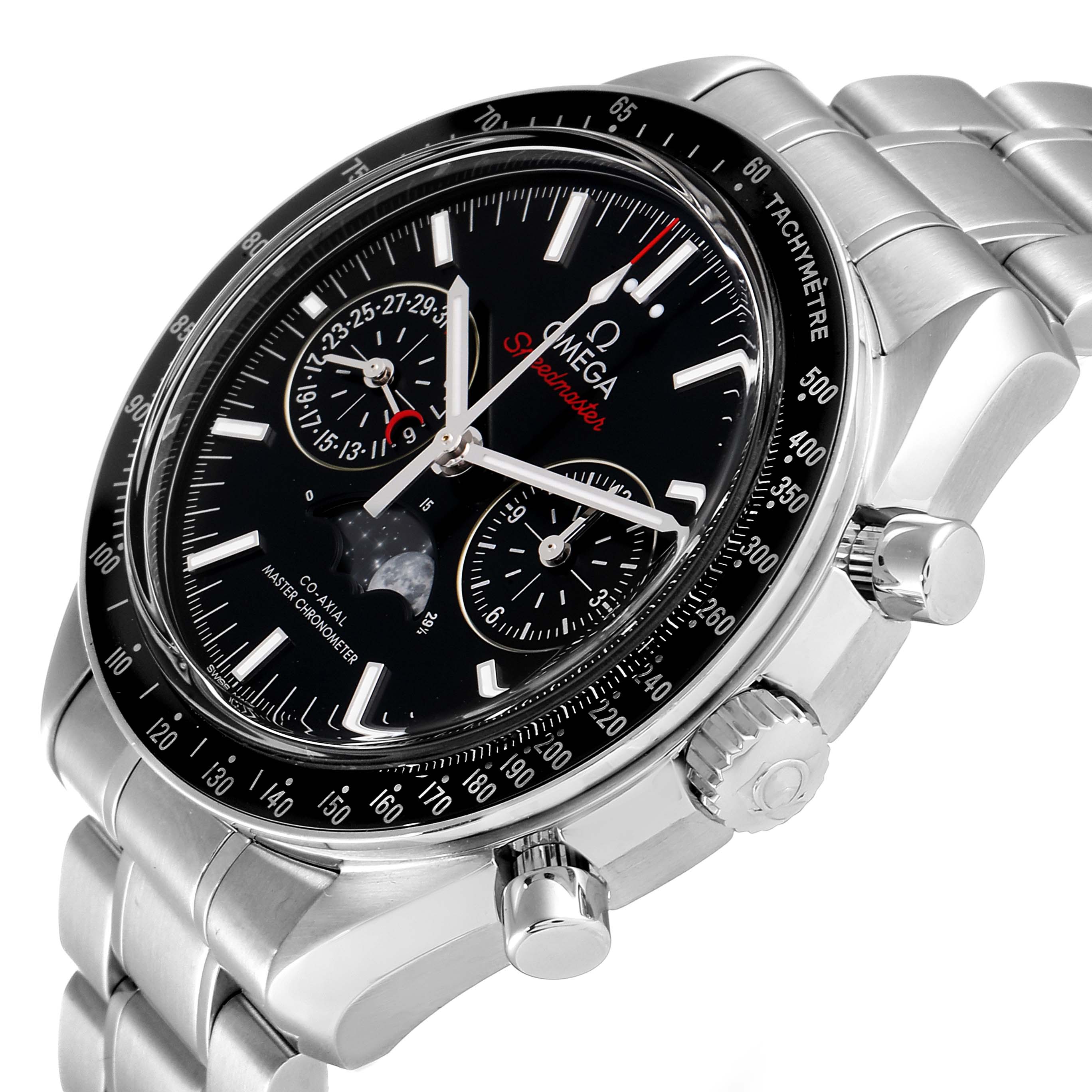 The image shows a close-up, angled view of the Omega Speedmaster 304.30.44.52.01.001 Men
s Stainless Steel Black Dial 304.30.44.52.01.001 Men
s Stainless Steel Black Dial watch, highlighting its face, crown, pushers, and stainless steel bracelet.