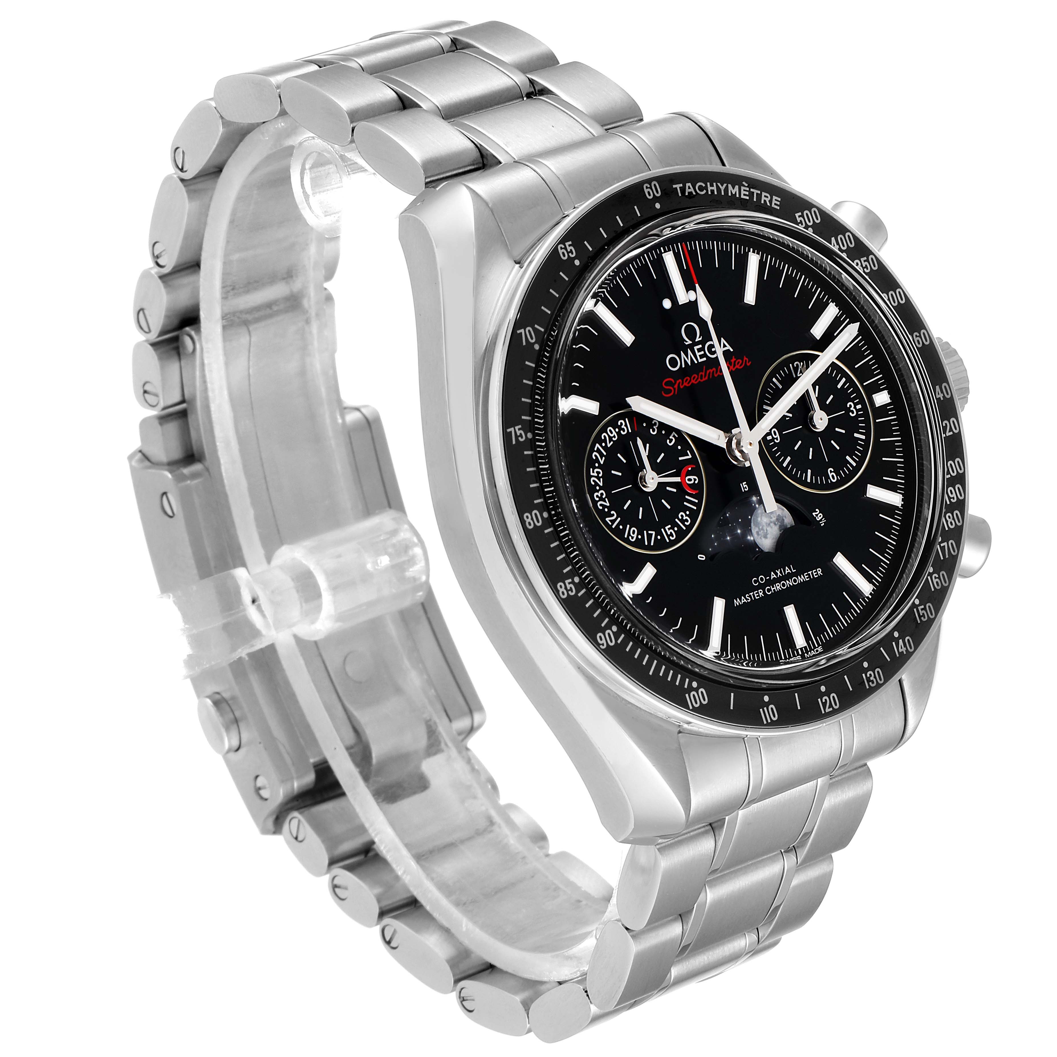 The Omega Speedmaster 304.30.44.52.01.001 Men
s Stainless Steel Black Dial 304.30.44.52.01.001 Men
s Stainless Steel Black Dial watch is shown at a three-quarter angle, displaying its face, tachymeter bezel, lugs, and metal bracelet.