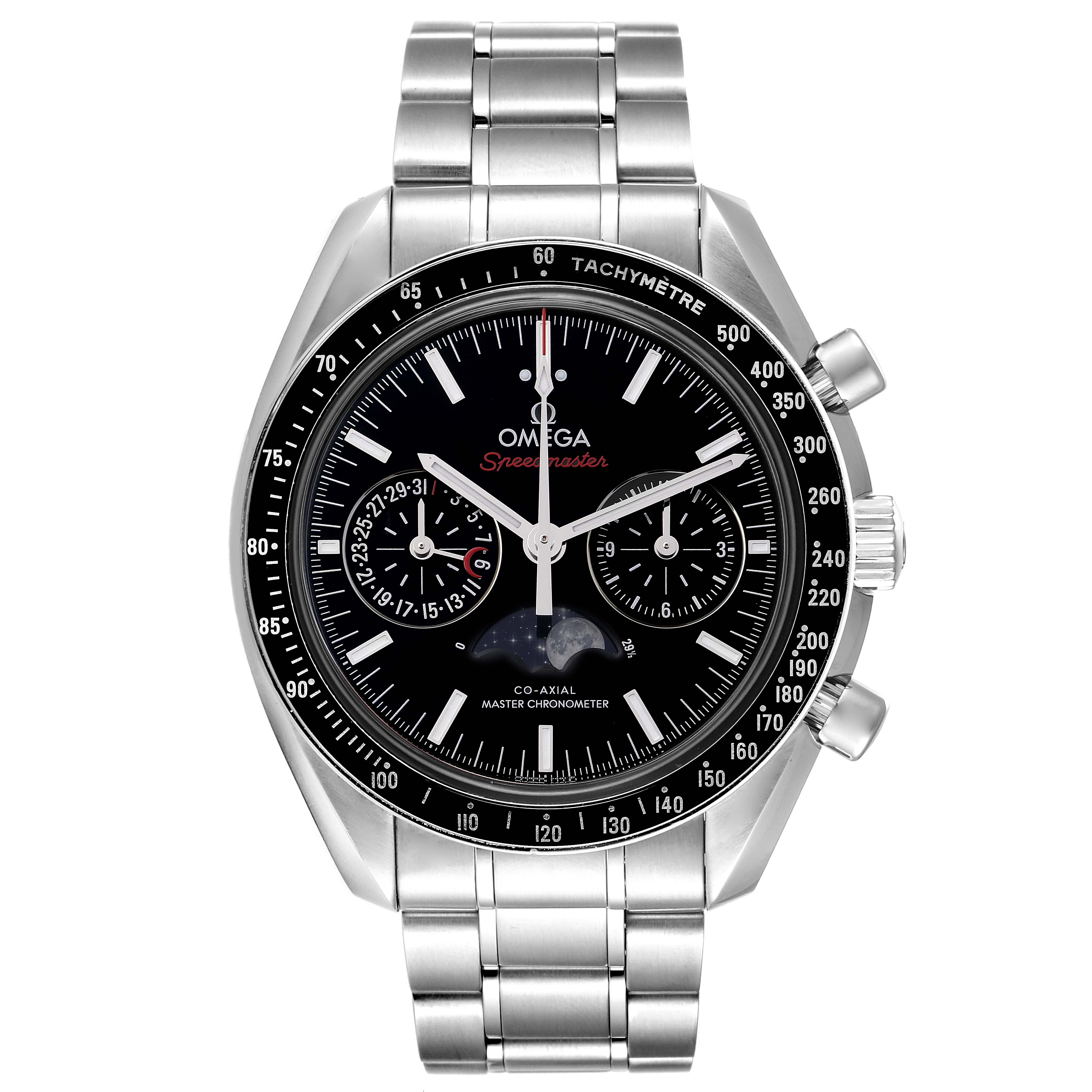 The image shows a front view of the Omega Speedmaster 304.30.44.52.01.001 Men
s Stainless Steel Black Dial 304.30.44.52.01.001 Men
s Stainless Steel Black Dial watch including its face, bezel, case, and stainless steel bracelet.