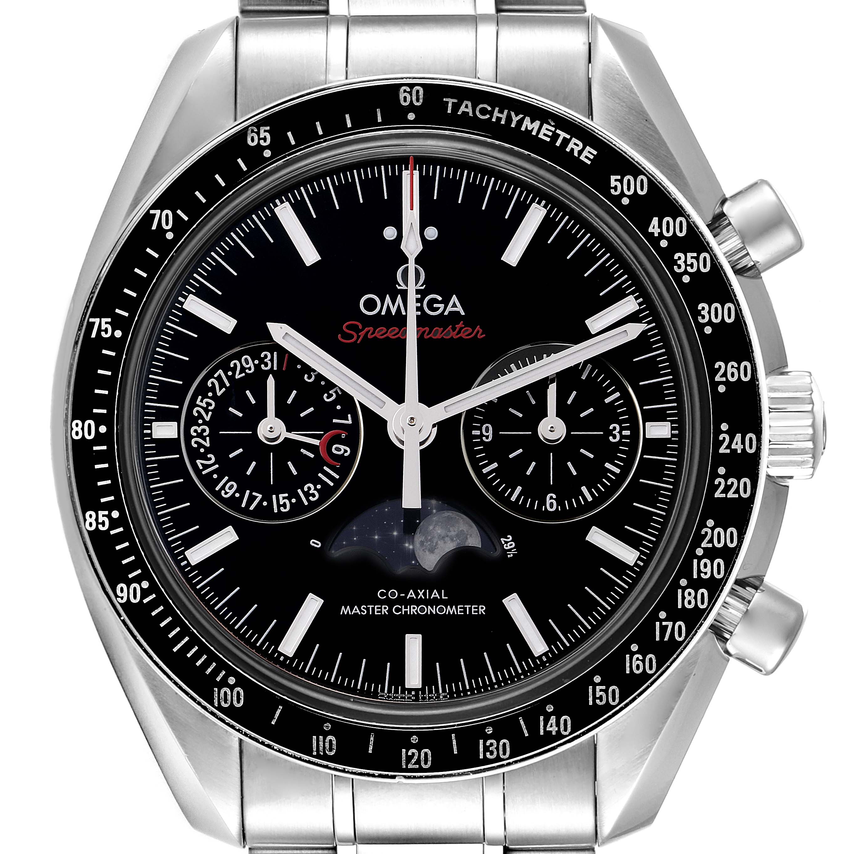This image shows a frontal view of an Omega Speedmaster 304.30.44.52.01.001 Men
s Stainless Steel Black Dial 304.30.44.52.01.001 Men
s Stainless Steel Black Dial watch, highlighting its tachymetre bezel, chronograph subdials, and moonphase indicator.