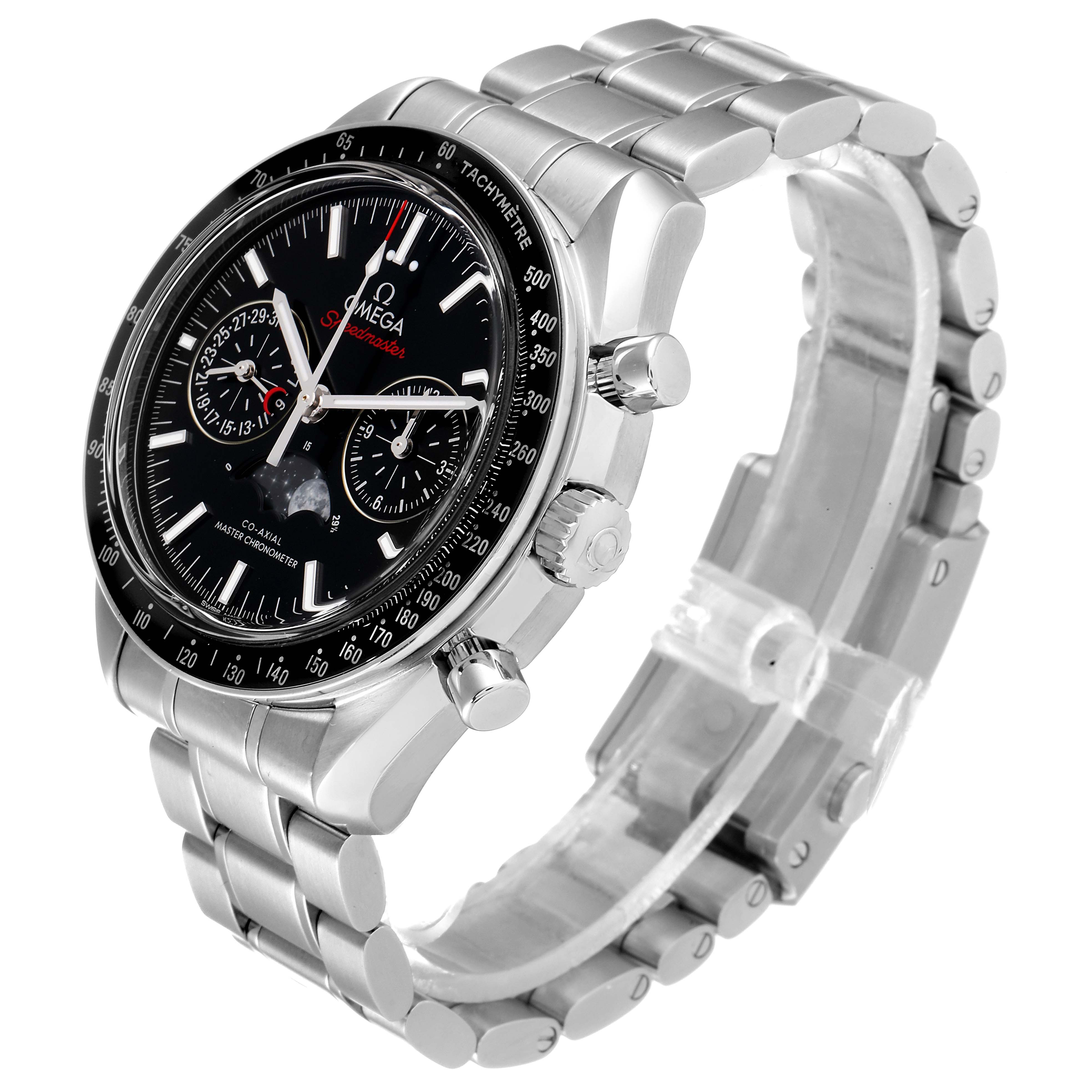 The Omega Speedmaster 304.30.44.52.01.001 Men
s Stainless Steel Black Dial 304.30.44.52.01.001 Men
s Stainless Steel Black Dial watch is shown at an angle displaying the dial, bezel, pushers, crown, and bracelet.