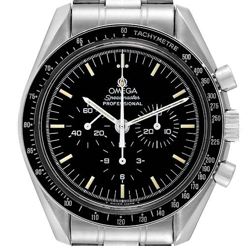 The Omega Speedmaster is shown from a front angle, displaying the face, tachymeter bezel, and pushers on the right side.