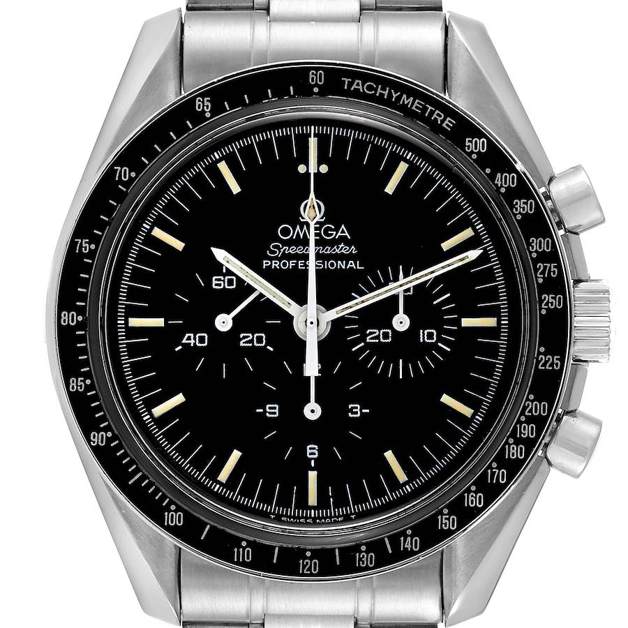 The Omega Speedmaster watch is shown front-on, highlighting its dial, bezel, and pushers.