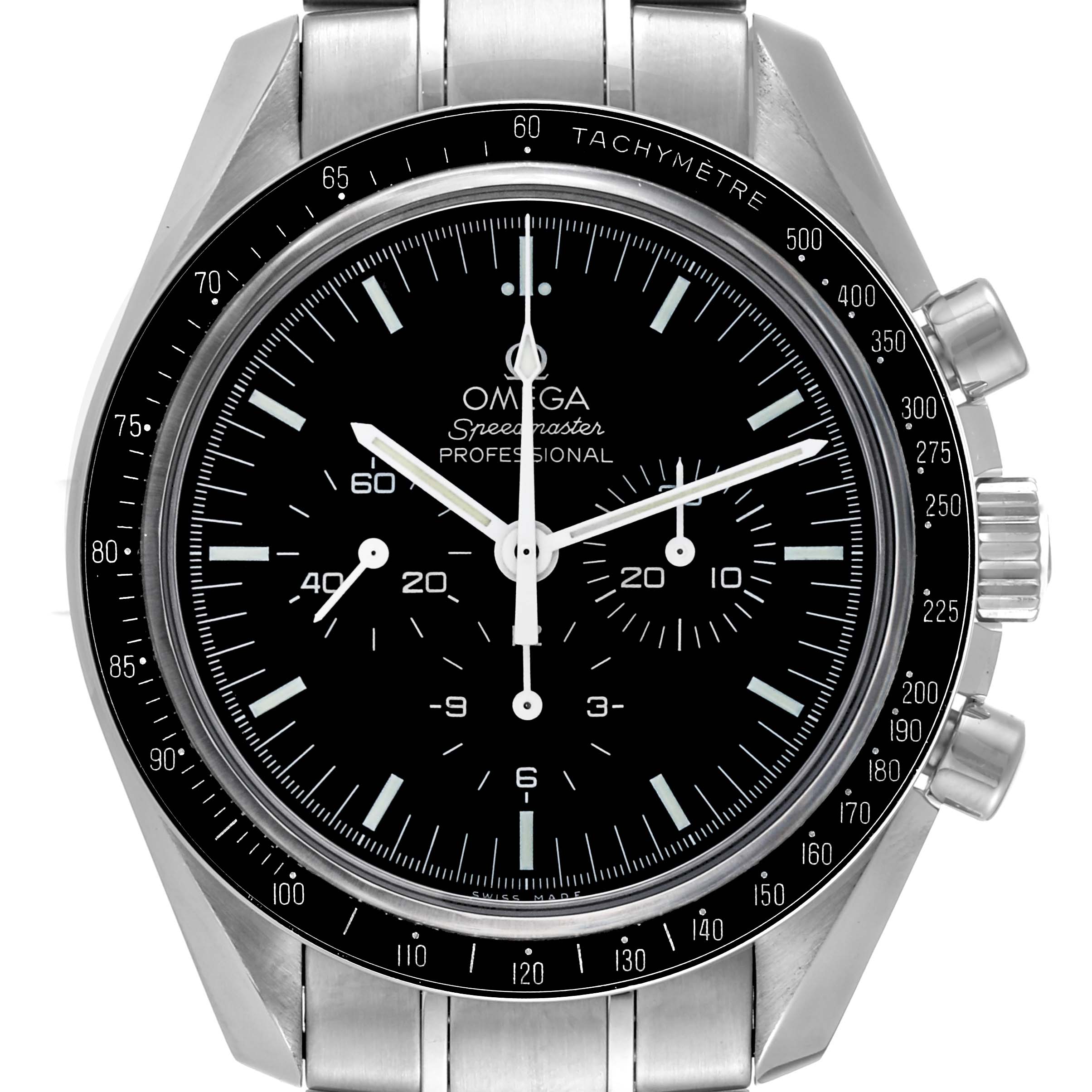 This image shows a front view of the Omega Speedmaster 3573.50.00 Men's Stainless Steel Black Dial 3573.50.00 Men's Stainless Steel Black Dial watch, highlighting the dial, tachymeter, and chronograph subdials.