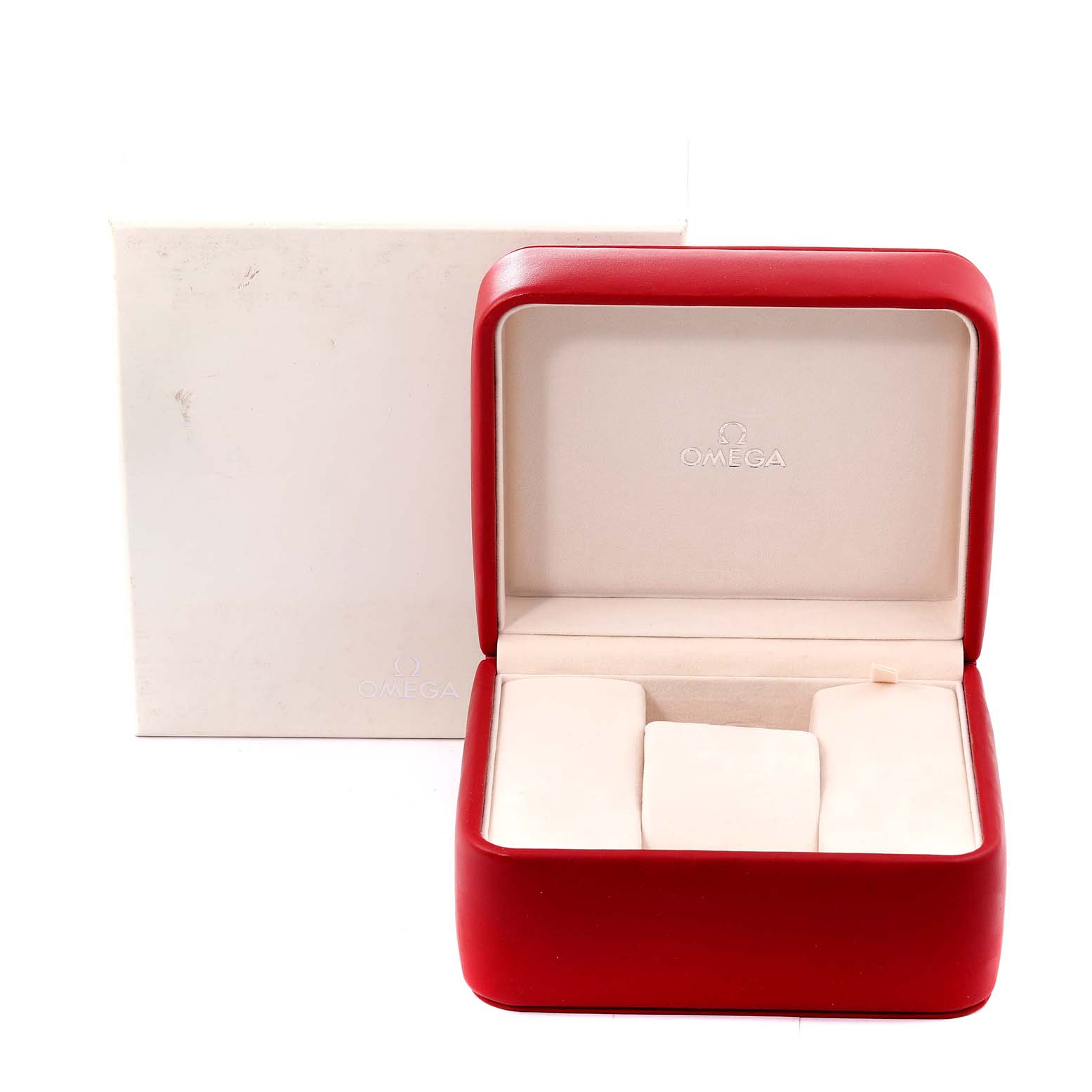 The image shows an open Omega Speedmaster 3573.50.00 Men's Stainless Steel Black Dial 3573.50.00 Men's Stainless Steel Black Dial watch box with a white exterior sleeve.