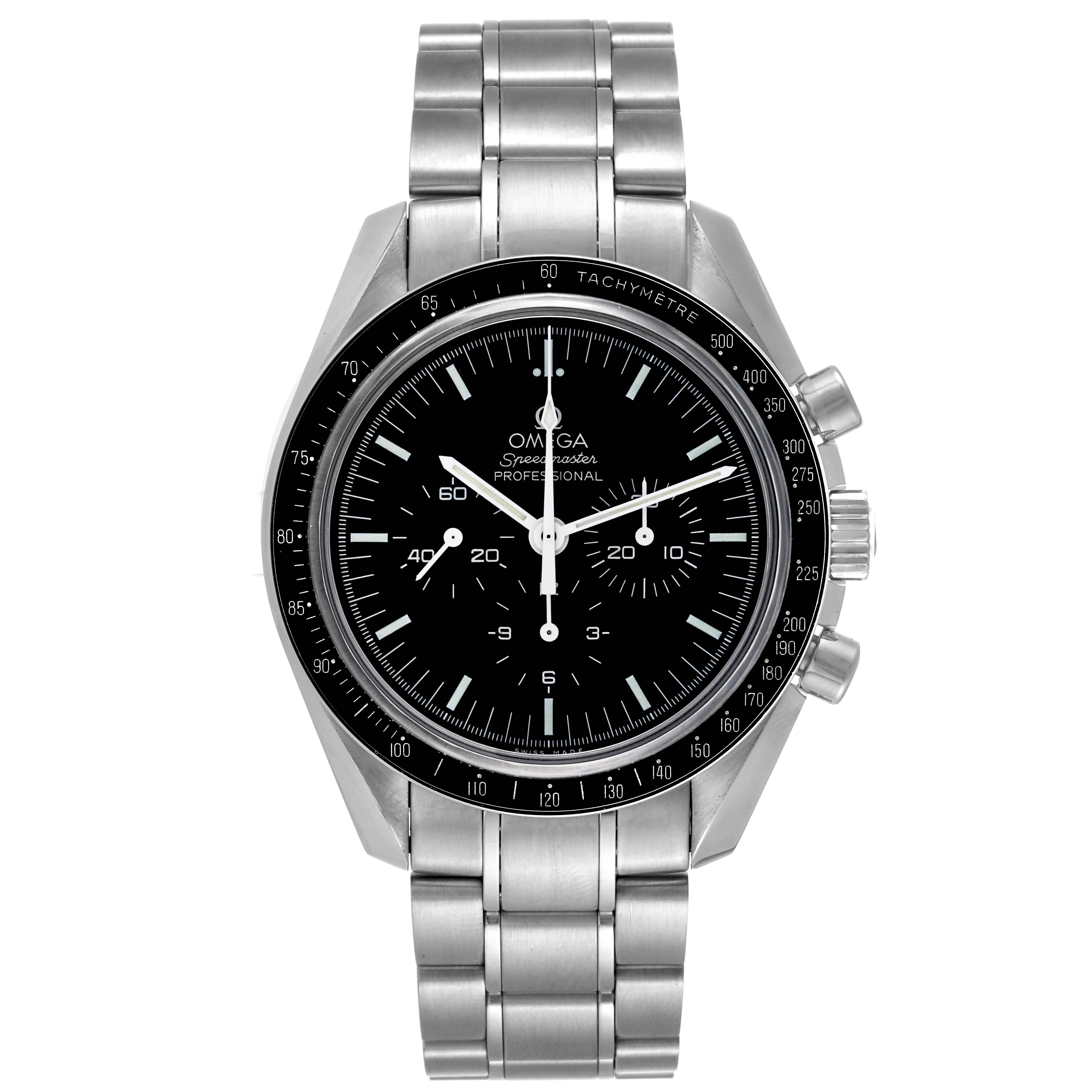 The Omega Speedmaster 3573.50.00 Men's Stainless Steel Black Dial 3573.50.00 Men's Stainless Steel Black Dial watch is shown from a front angle, displaying the black dial, tachymeter bezel, and three subdials.