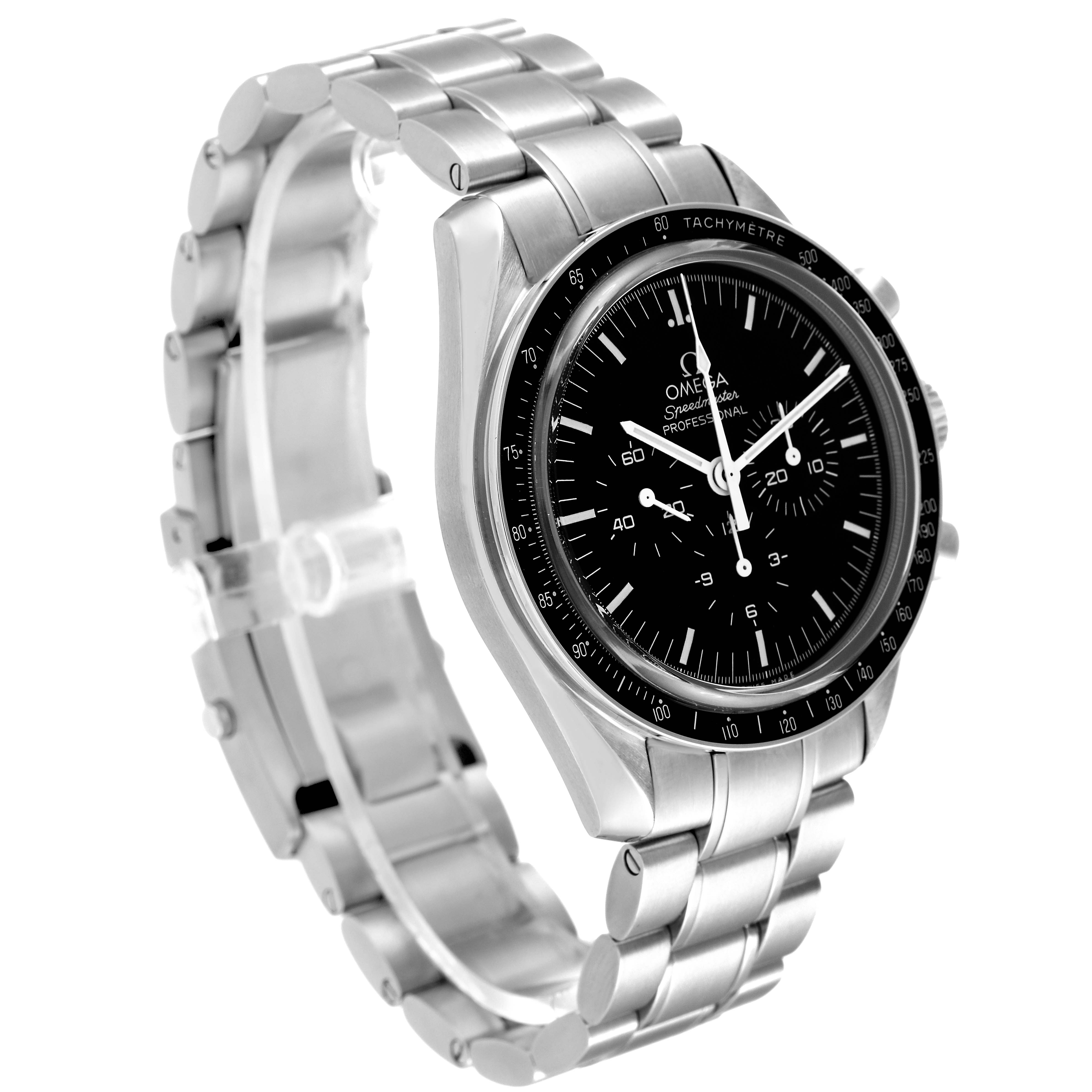 The image shows an angled view of the Omega Speedmaster 3573.50.00 Men's Stainless Steel Black Dial 3573.50.00 Men's Stainless Steel Black Dial's face, bezel, and stainless steel bracelet.