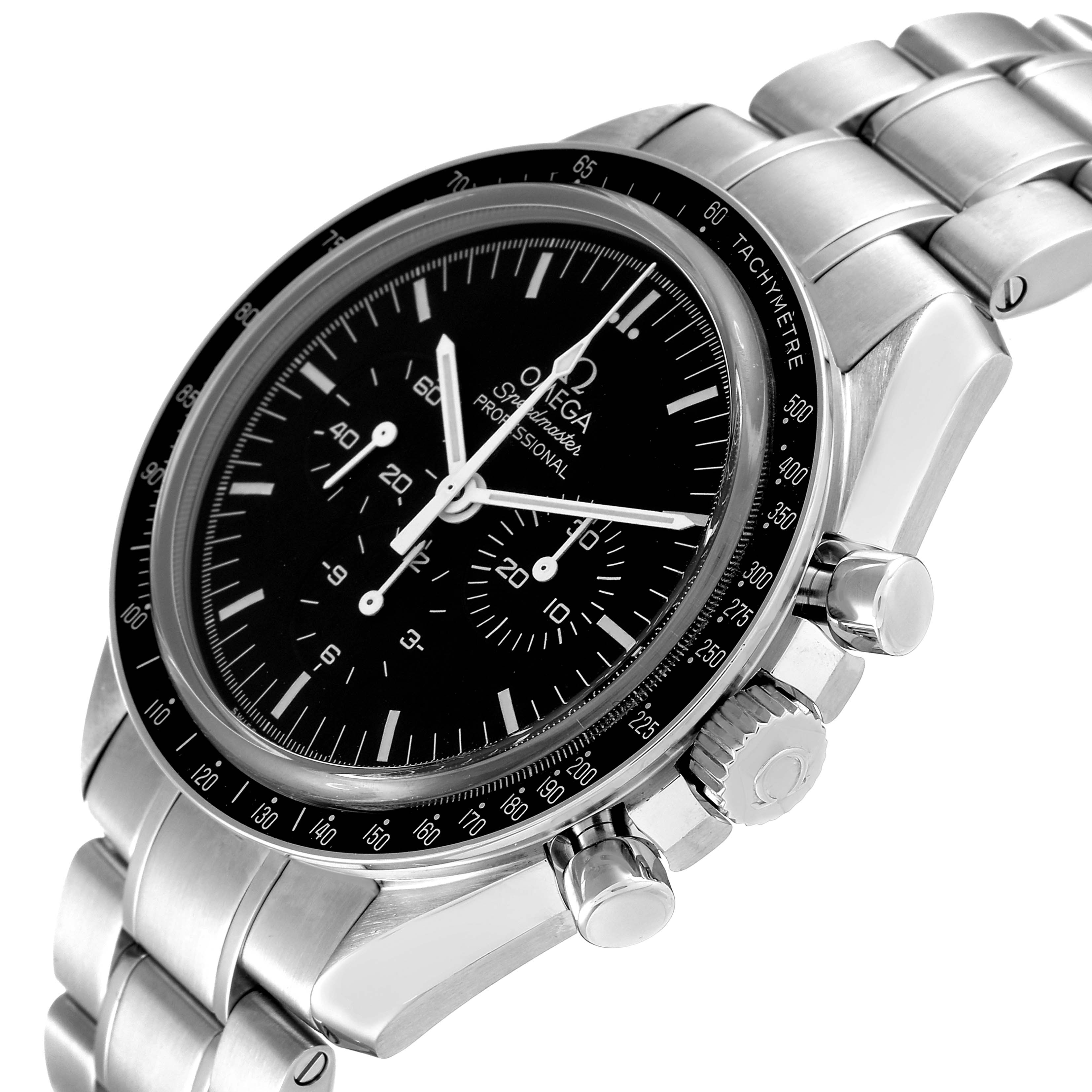 The image shows an Omega Speedmaster 3573.50.00 Men's Stainless Steel Black Dial 3573.50.00 Men's Stainless Steel Black Dial watch from a three-quarter angle, highlighting the bezel, crown, pushers, and bracelet.