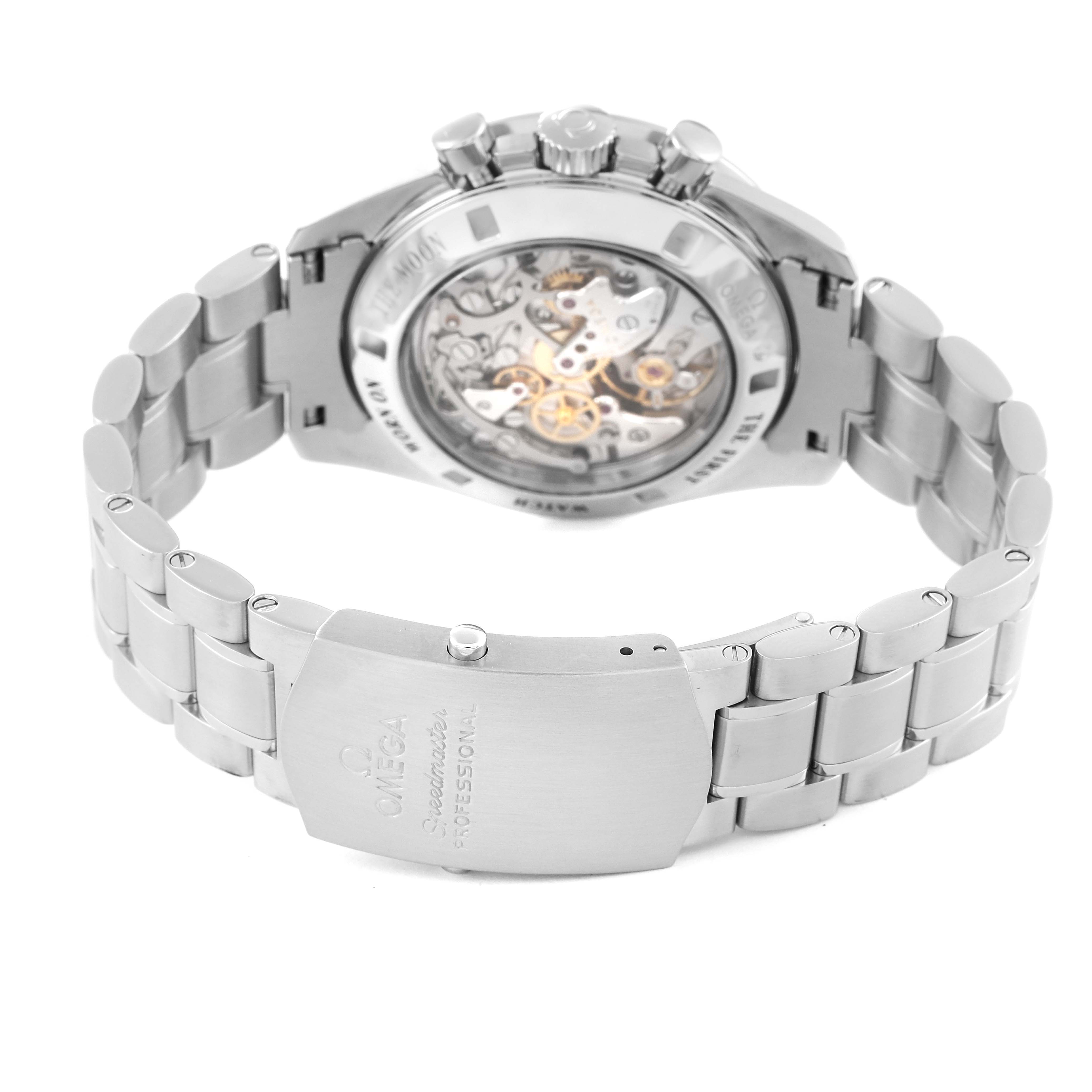 The image shows the back view of an Omega Speedmaster 3573.50.00 Men's Stainless Steel Black Dial 3573.50.00 Men's Stainless Steel Black Dial watch, highlighting the transparent case back and bracelet.