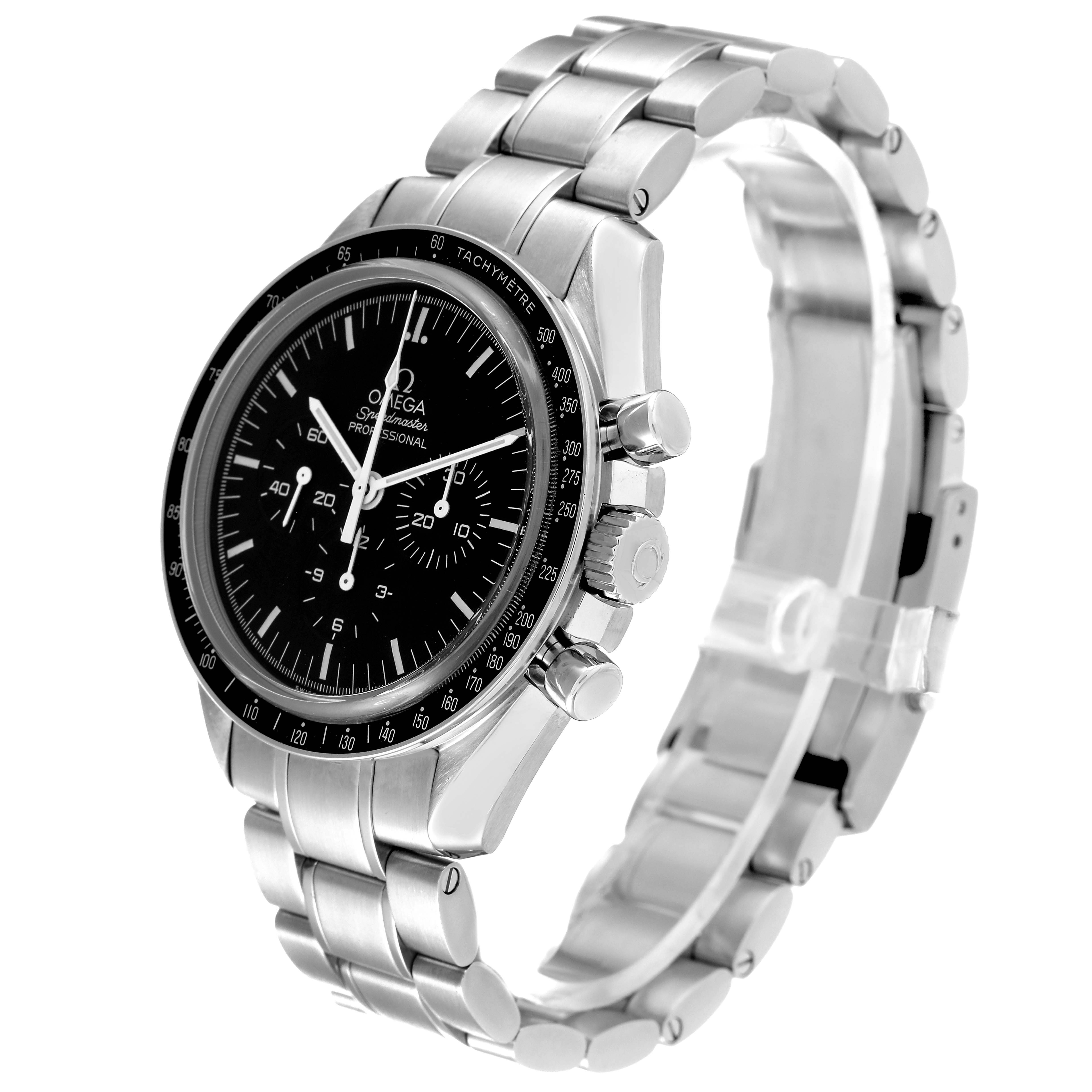 The Omega Speedmaster 3573.50.00 Men's Stainless Steel Black Dial 3573.50.00 Men's Stainless Steel Black Dial watch is shown at a slight side angle, highlighting the face, bezel, and stainless steel bracelet.