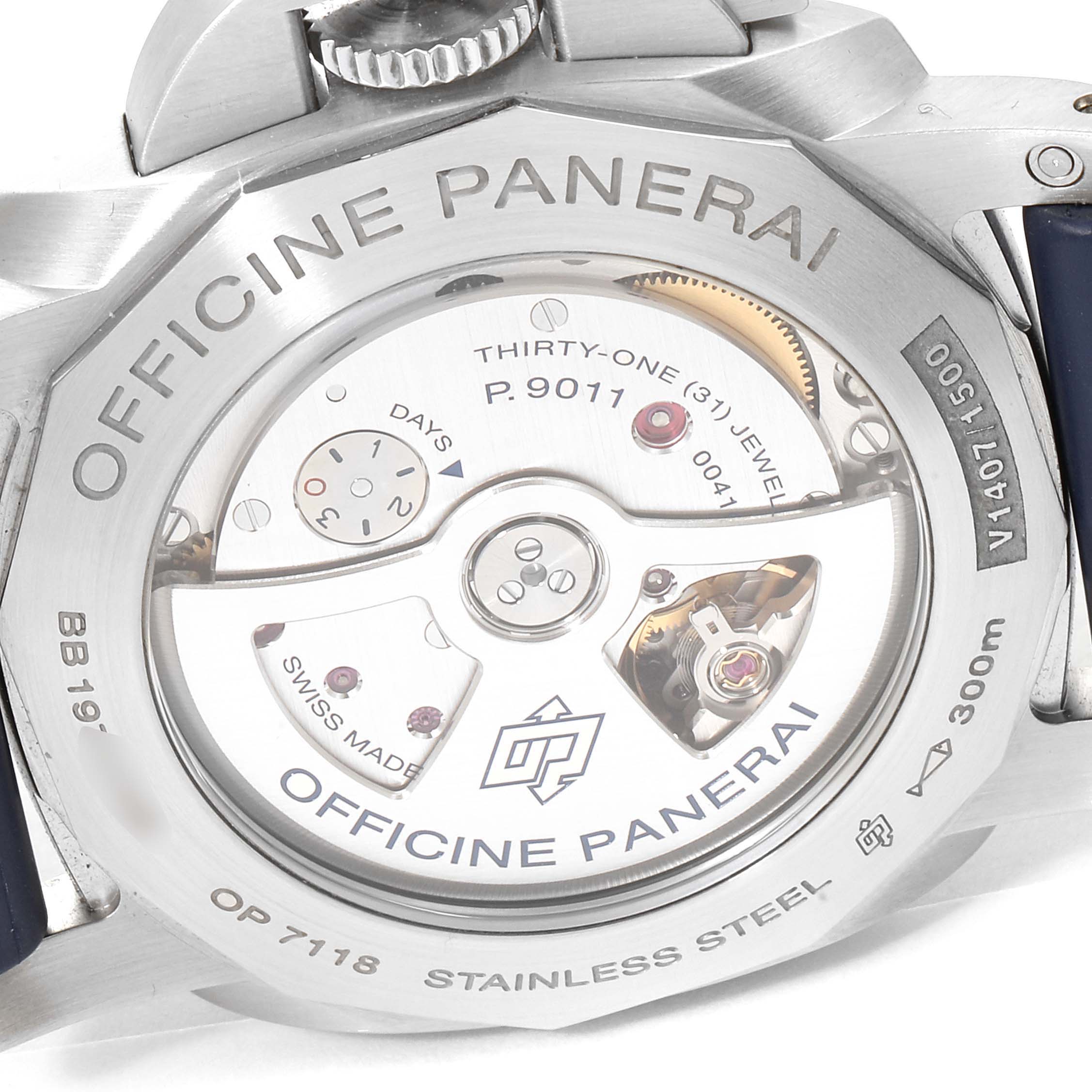 The image shows the back view of a Panerai Luminor PAM01033 Men's Stainless Steel Blue Dial PAM01033 Men's Stainless Steel Blue Dial watch, highlighting the movement and inner mechanisms.