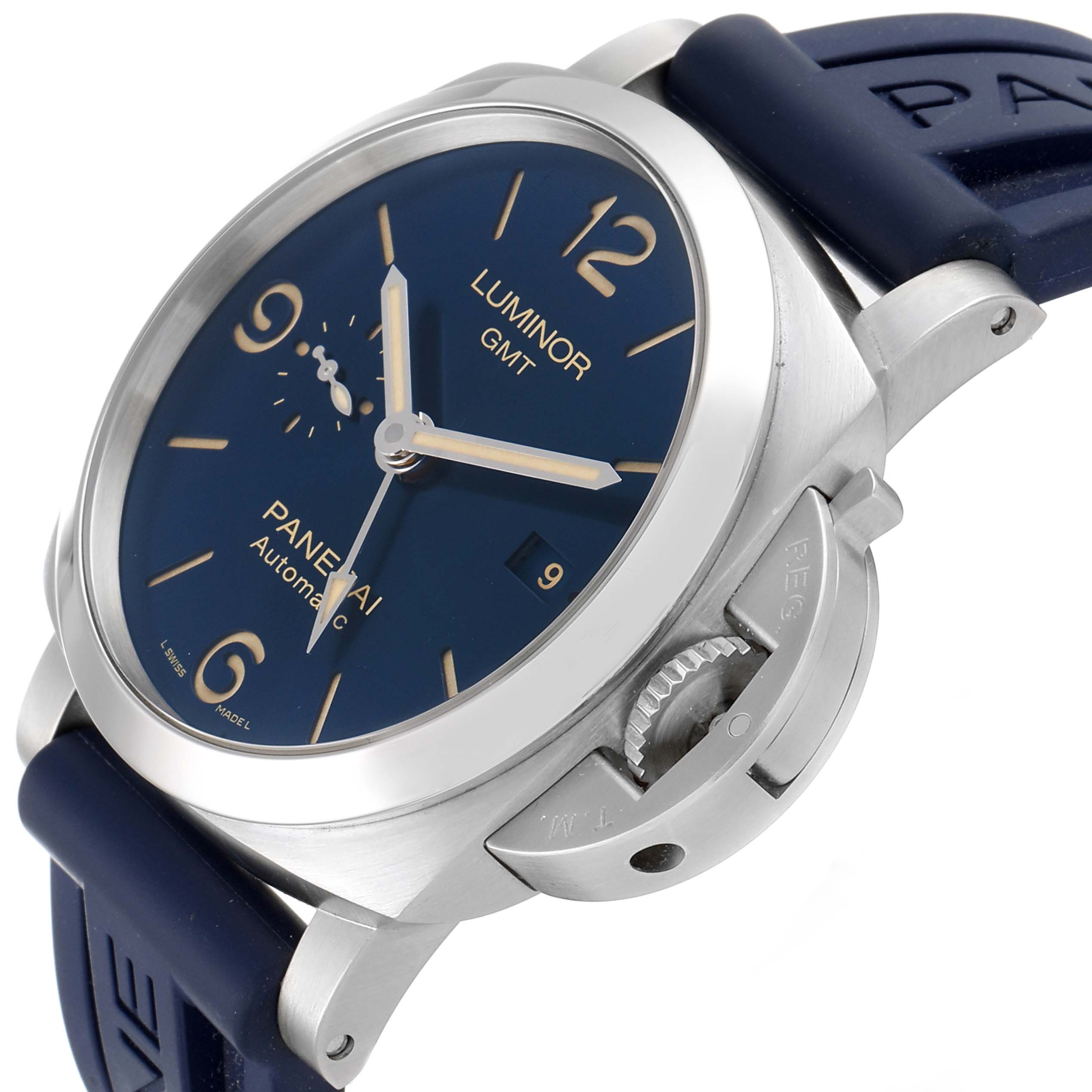 This Panerai Luminor PAM01033 Men's Stainless Steel Blue Dial PAM01033 Men's Stainless Steel Blue Dial watch is shown from a three-quarter angle, highlighting the dial, crown guard, and blue strap.
