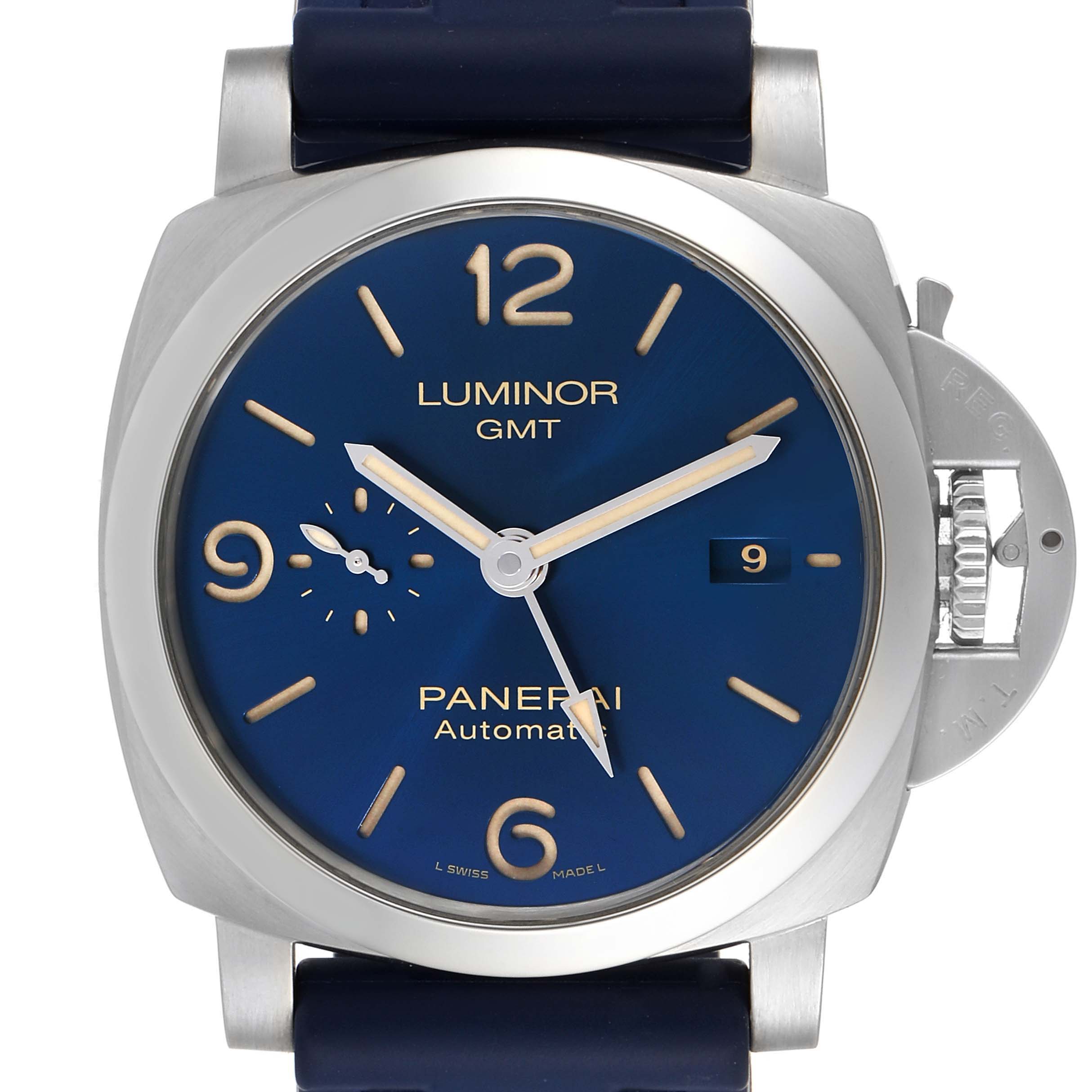 The image shows a front view of the Panerai Luminor PAM01033 Men's Stainless Steel Blue Dial PAM01033 Men's Stainless Steel Blue Dial GMT watch with a blue dial, gold numerals, date window, and crown protector.