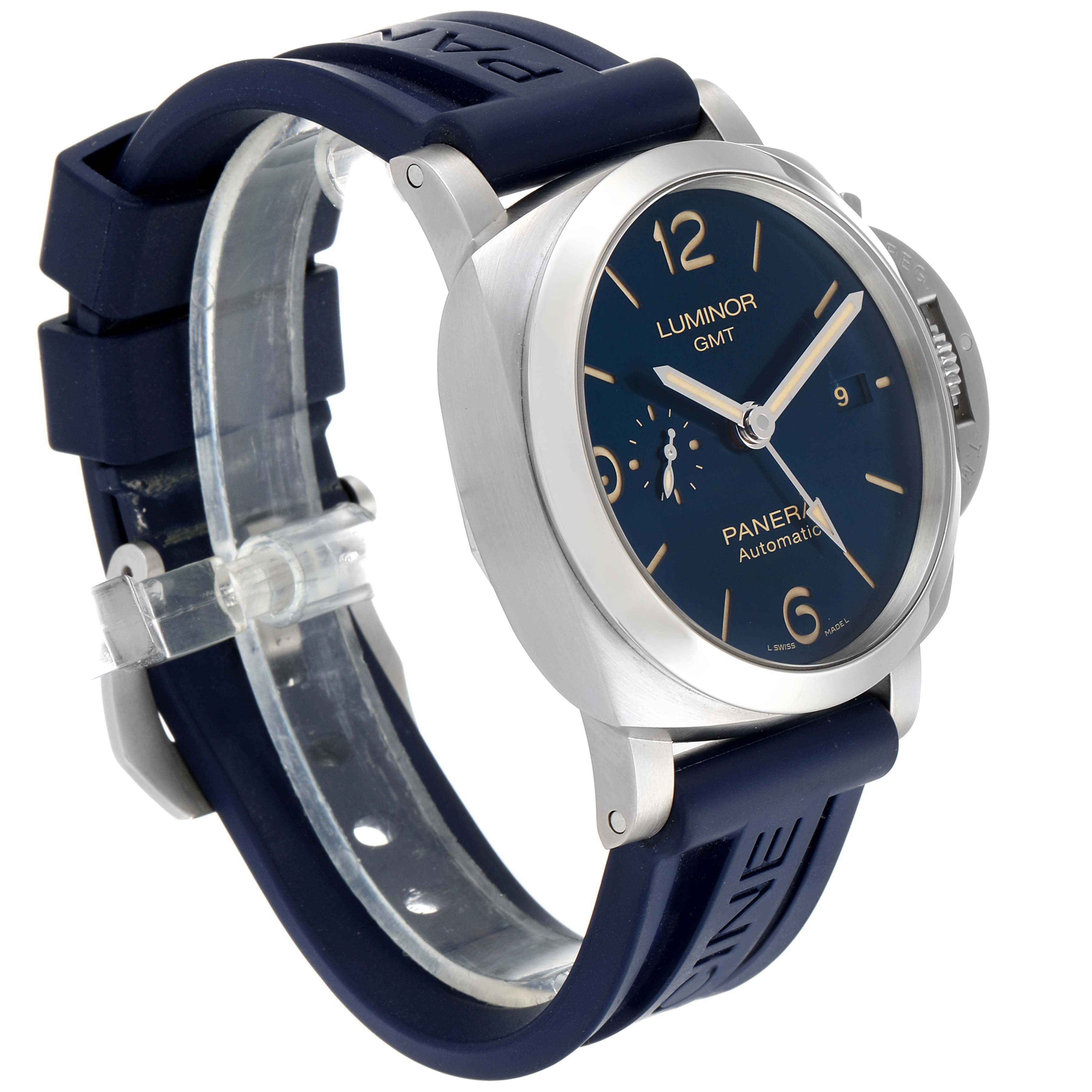 The image shows a Panerai Luminor PAM01033 Men's Stainless Steel Blue Dial PAM01033 Men's Stainless Steel Blue Dial watch at a three-quarter angle, highlighting the dial, case, and strap.