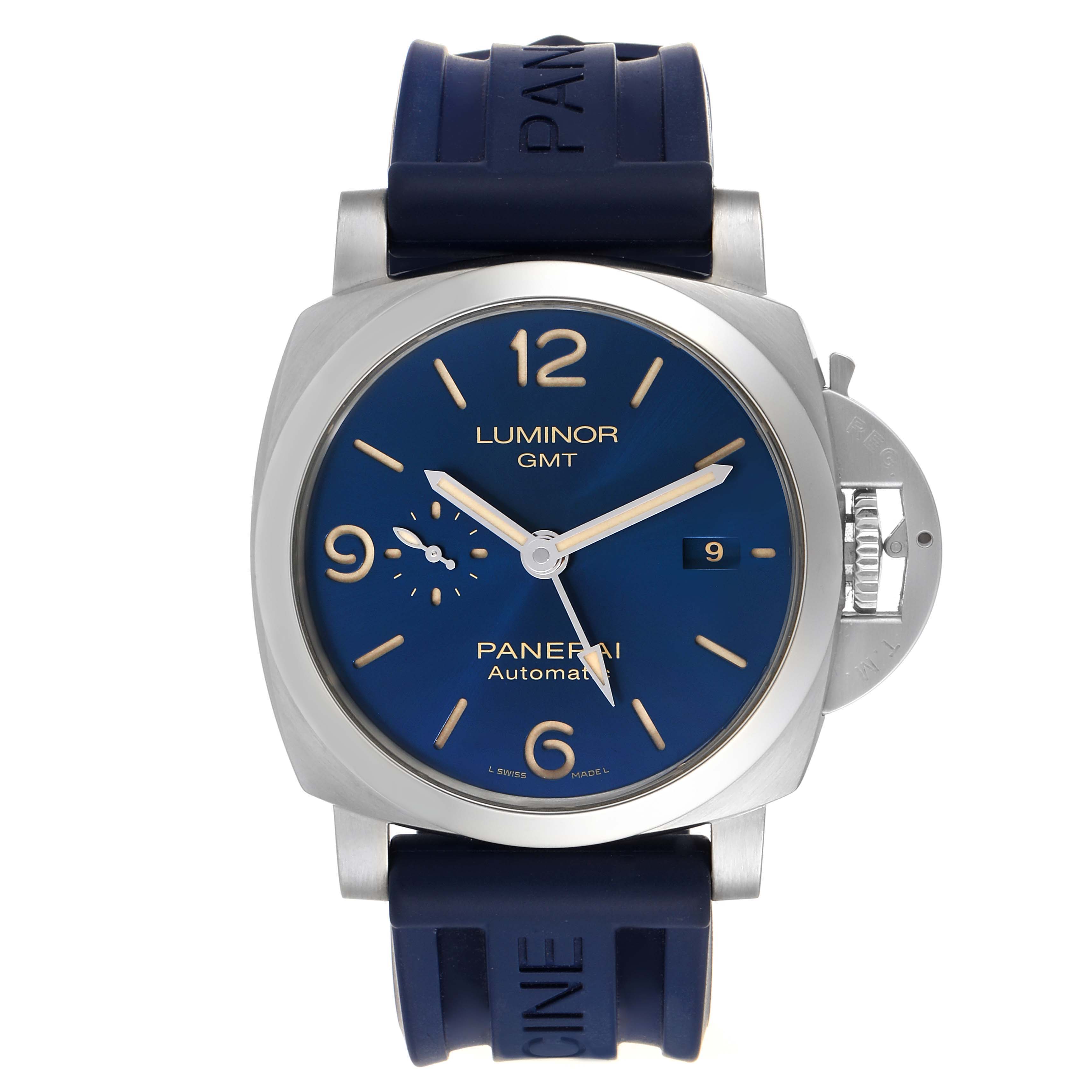 This is a front view of a Panerai Luminor PAM01033 Men's Stainless Steel Blue Dial PAM01033 Men's Stainless Steel Blue Dial GMT watch, showcasing the dial, hands, and blue strap.