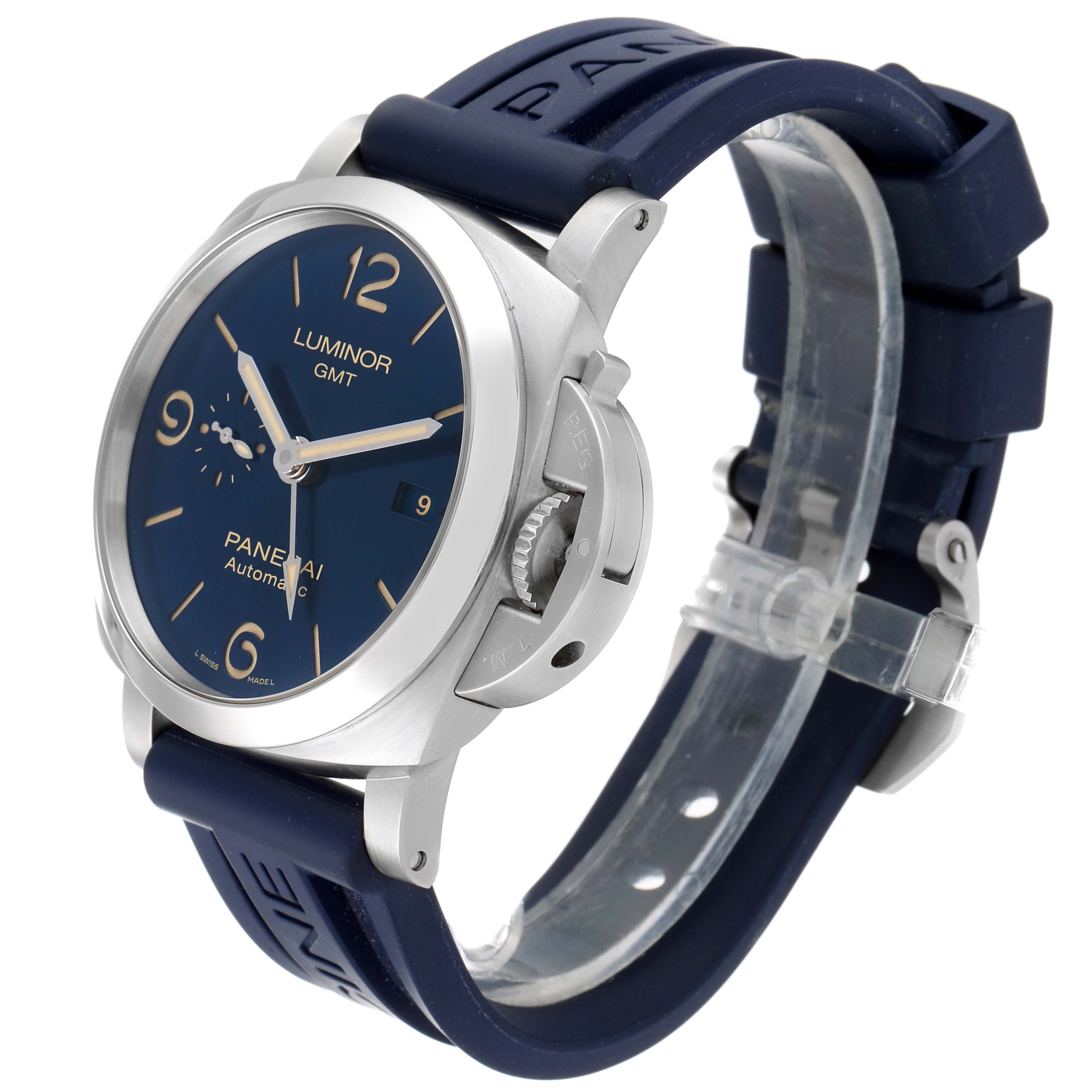 The image shows a side-angle view of the Panerai Luminor PAM01033 Men's Stainless Steel Blue Dial PAM01033 Men's Stainless Steel Blue Dial GMT watch, highlighting the watch face, bezel, crown guard, and rubber strap.