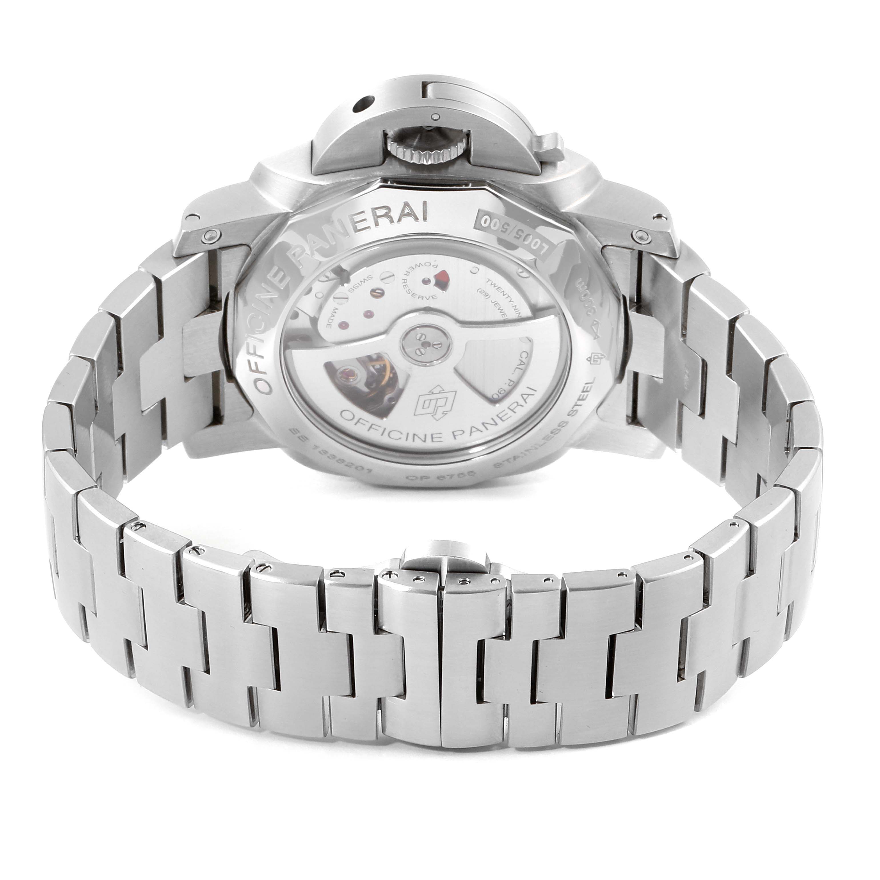 The image shows the back of the Panerai Luminor PAM00329 Men
s Stainless Steel Black Dial PAM00329 Men
s Stainless Steel Black Dial watch, highlighting its transparent case back and metal bracelet.