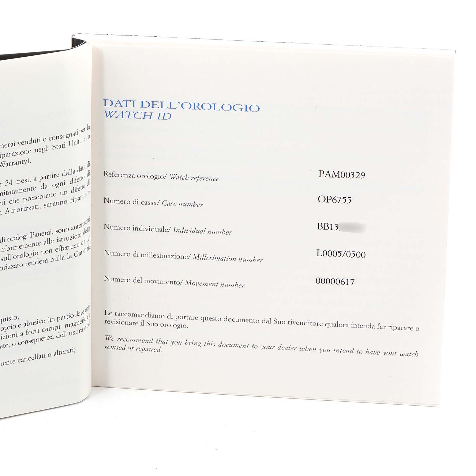 The image shows the warranty and identification details for a Panerai Luminor PAM00329 Men
s Stainless Steel Black Dial PAM00329 Men
s Stainless Steel Black Dial model watch, including reference, case, and movement numbers.