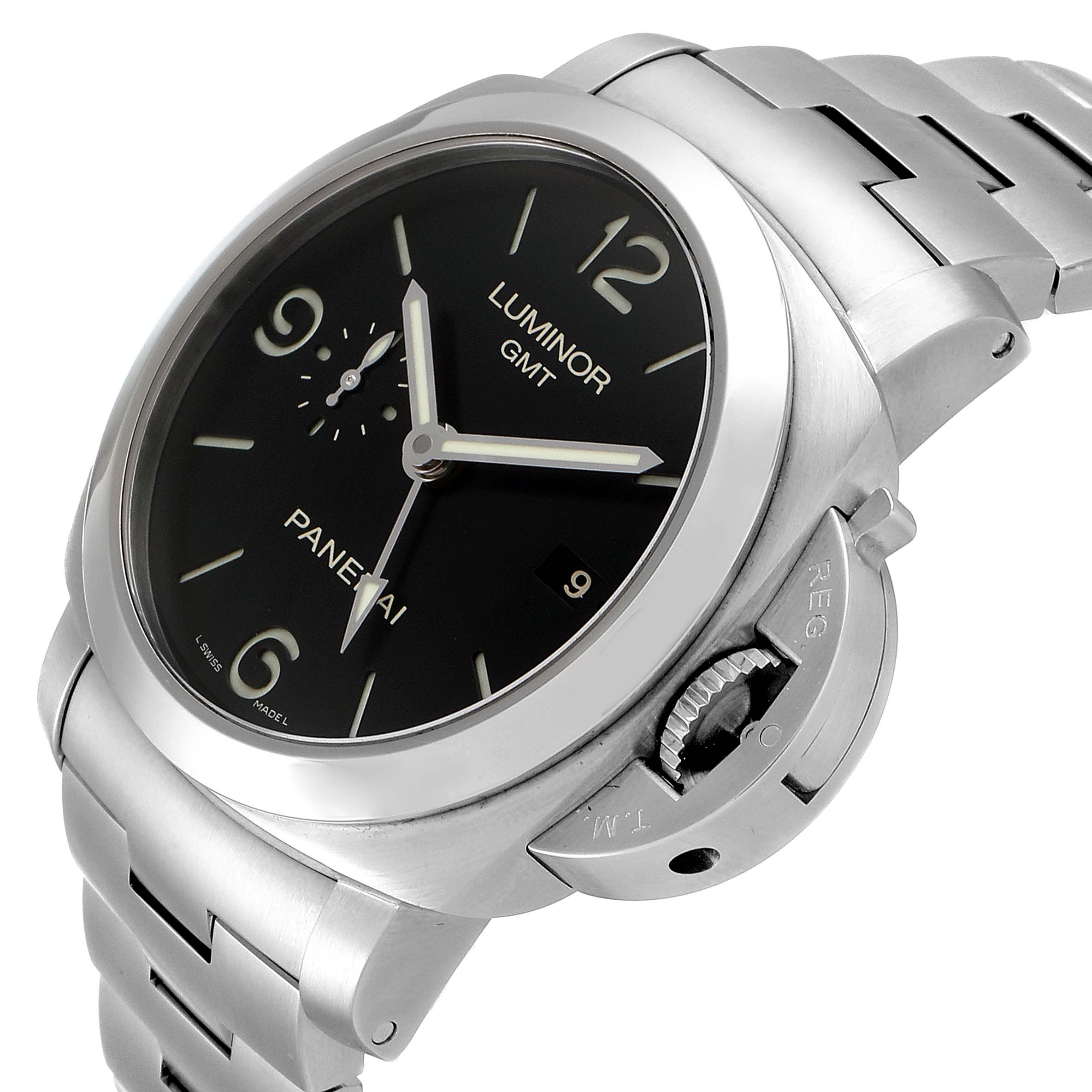 This image shows a Panerai Luminor PAM00329 Men
s Stainless Steel Black Dial PAM00329 Men
s Stainless Steel Black Dial model watch from an angled top view, highlighting the dial, hands, crown, and metal bracelet.