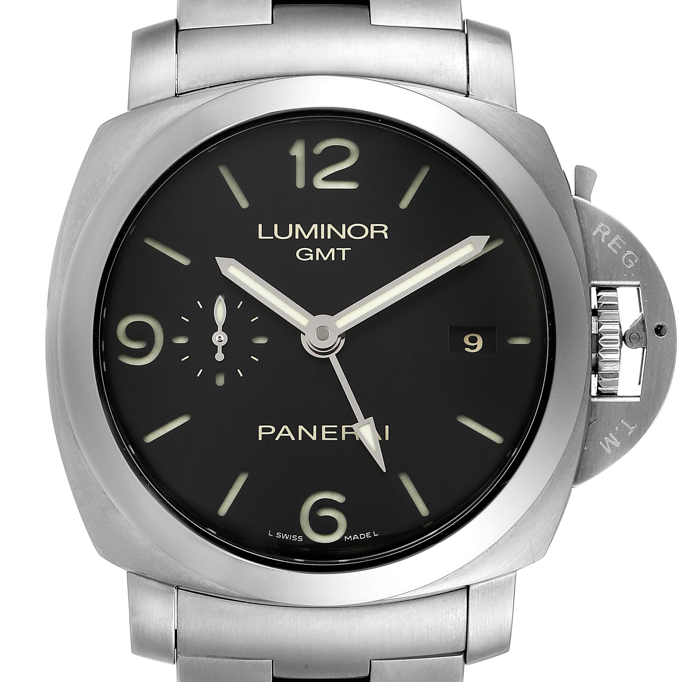 The image shows a front view of the Panerai Luminor PAM00329 Men
s Stainless Steel Black Dial PAM00329 Men
s Stainless Steel Black Dial GMT watch with a visible dial, date window, and crown guard.