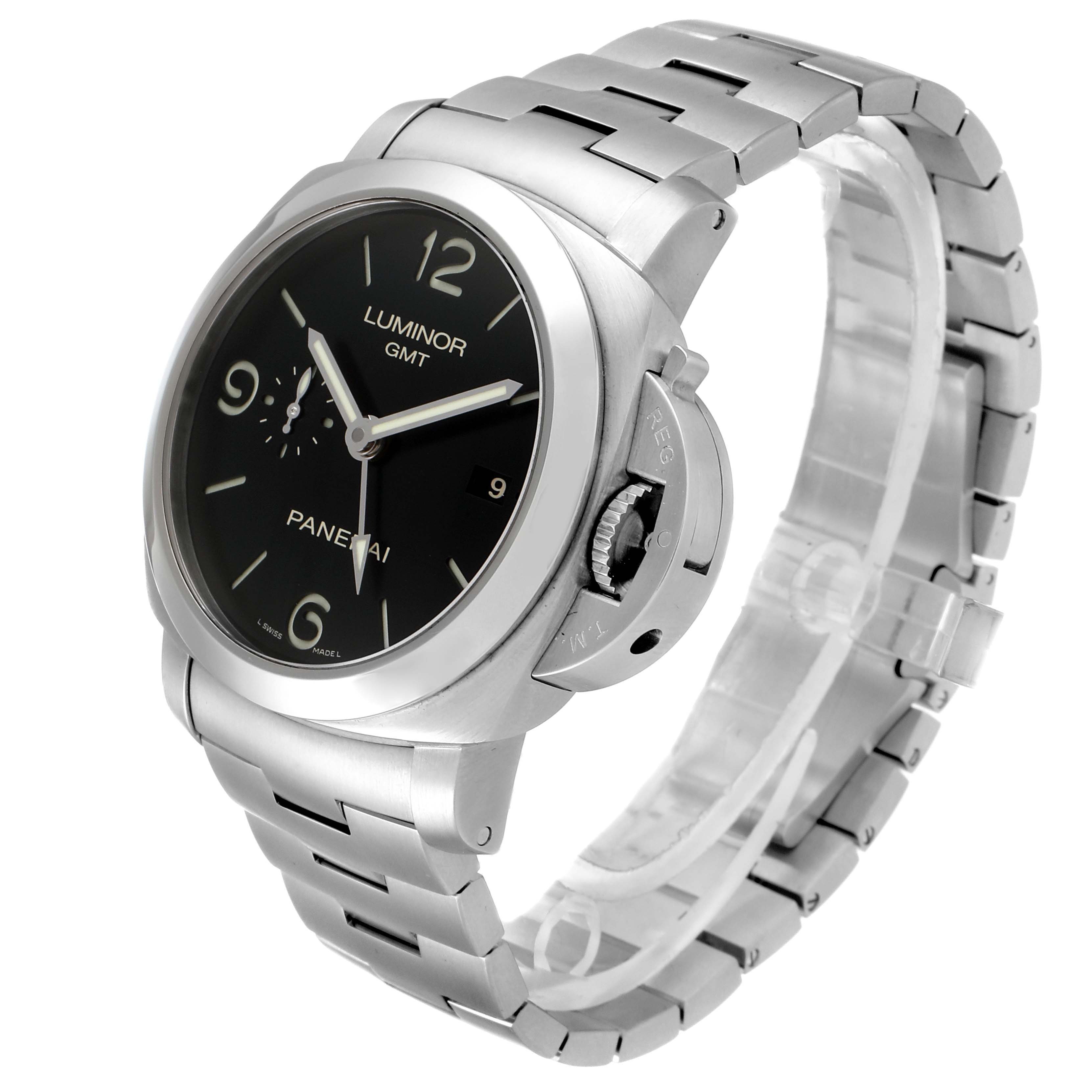 The Panerai Luminor PAM00329 Men
s Stainless Steel Black Dial PAM00329 Men
s Stainless Steel Black Dial watch is shown from a 3/4 angle highlighting the face, crown guard, and stainless steel bracelet.