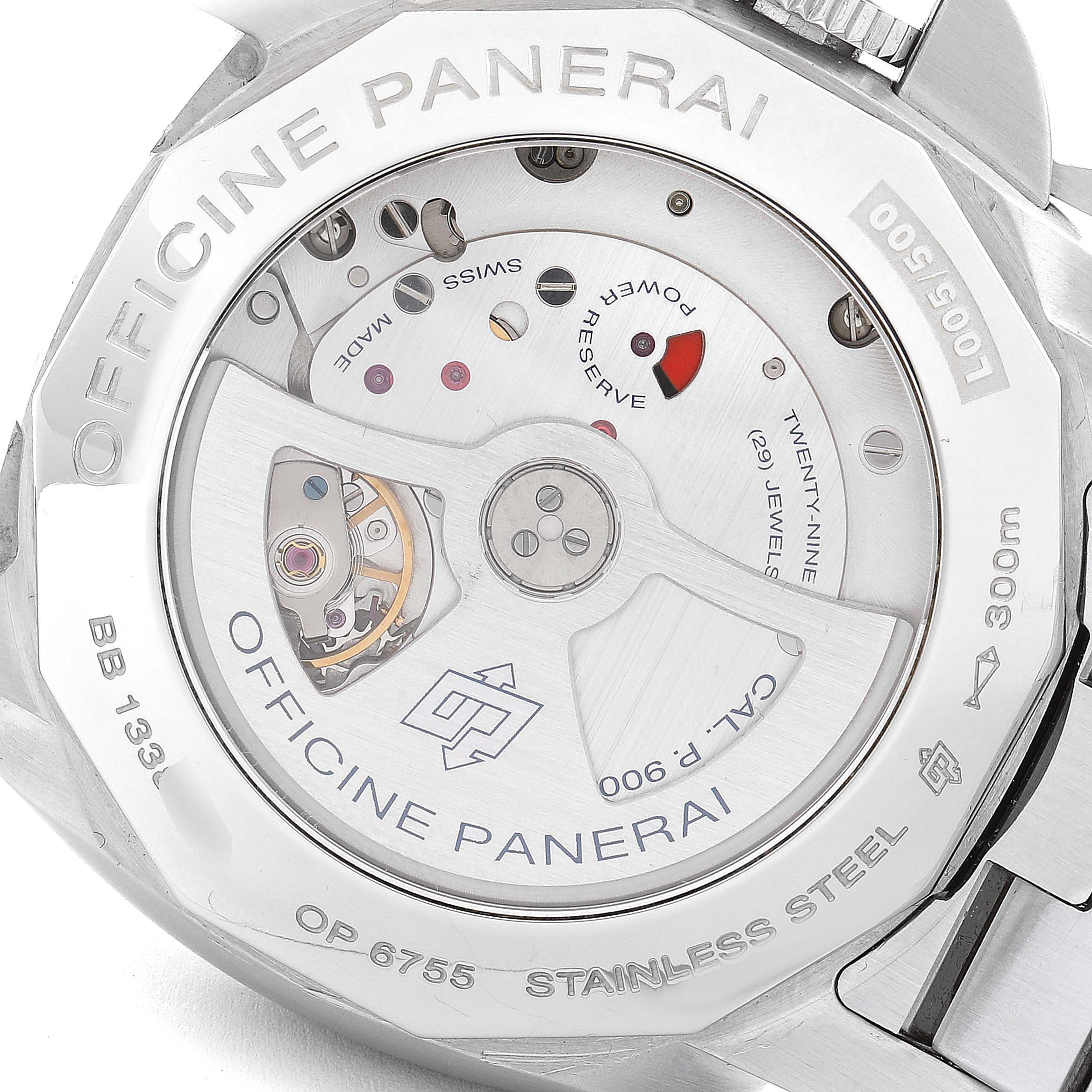 This image shows the back view of the Panerai Luminor PAM00329 Men
s Stainless Steel Black Dial PAM00329 Men
s Stainless Steel Black Dial watch, highlighting its intricate movement and markings.