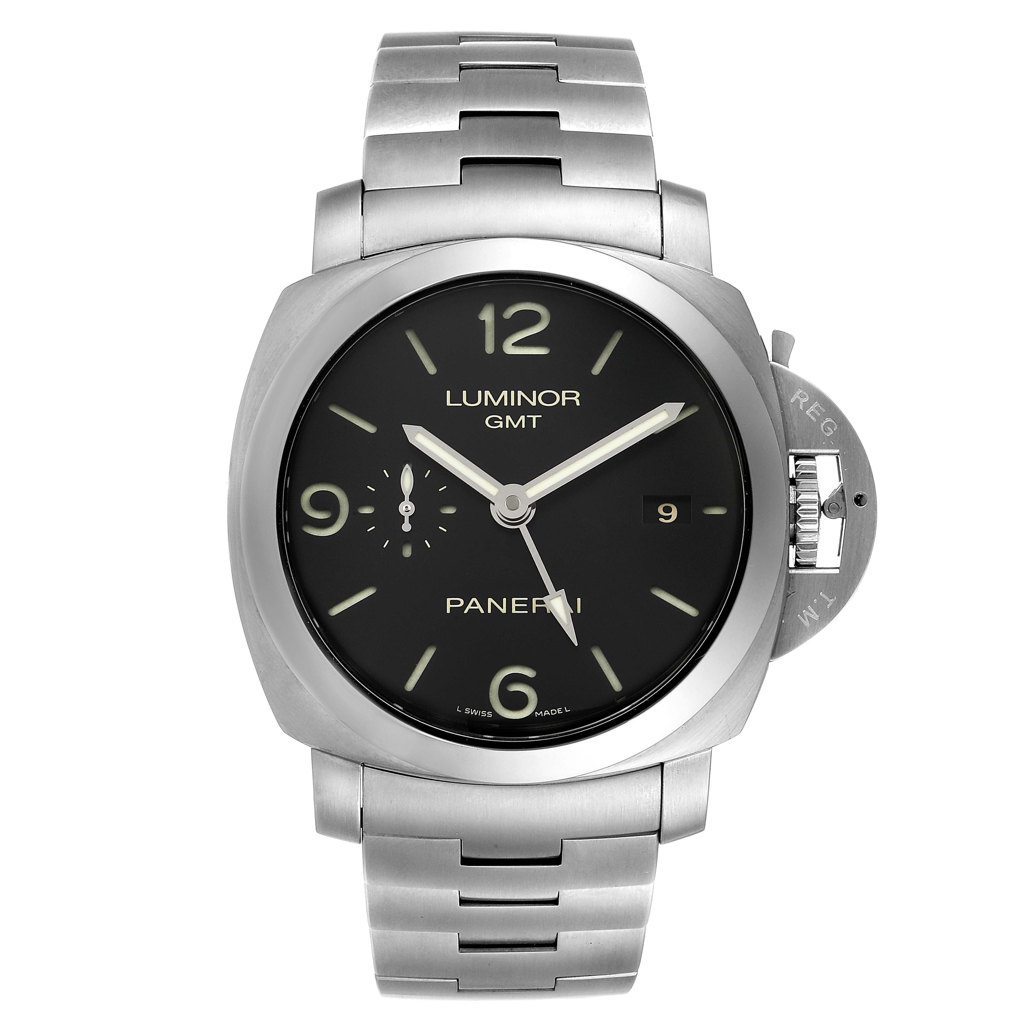 The image shows a front view of a Panerai Luminor PAM00329 Men
s Stainless Steel Black Dial PAM00329 Men
s Stainless Steel Black Dial GMT watch, displaying its face, bracelet, and crown guard.