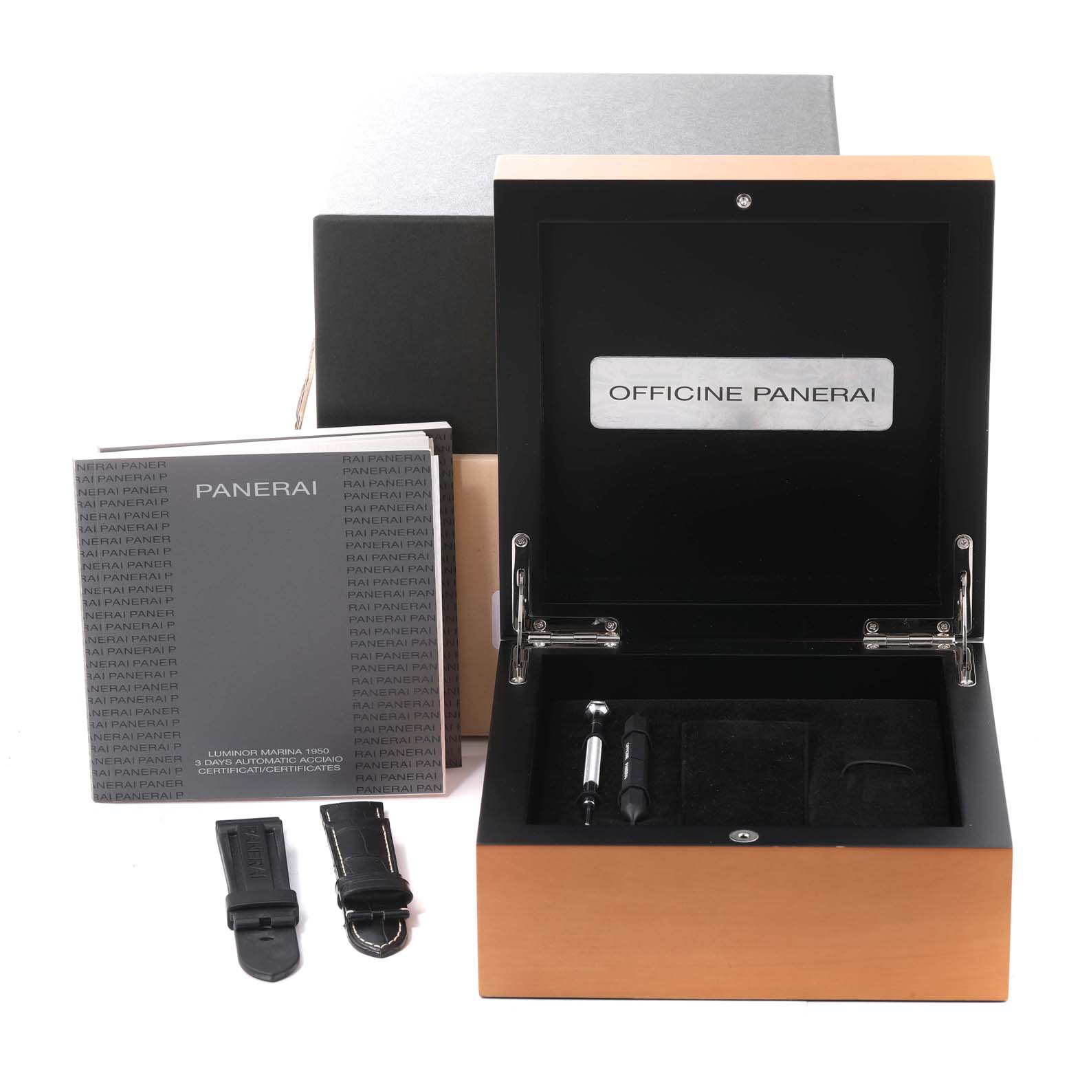 The image shows a Panerai Luminor PAM00312 Men's Stainless Steel Black Dial PAM00312 Men's Stainless Steel Black Dial watch box, including manuals, extra straps, and tools, from a front angle.