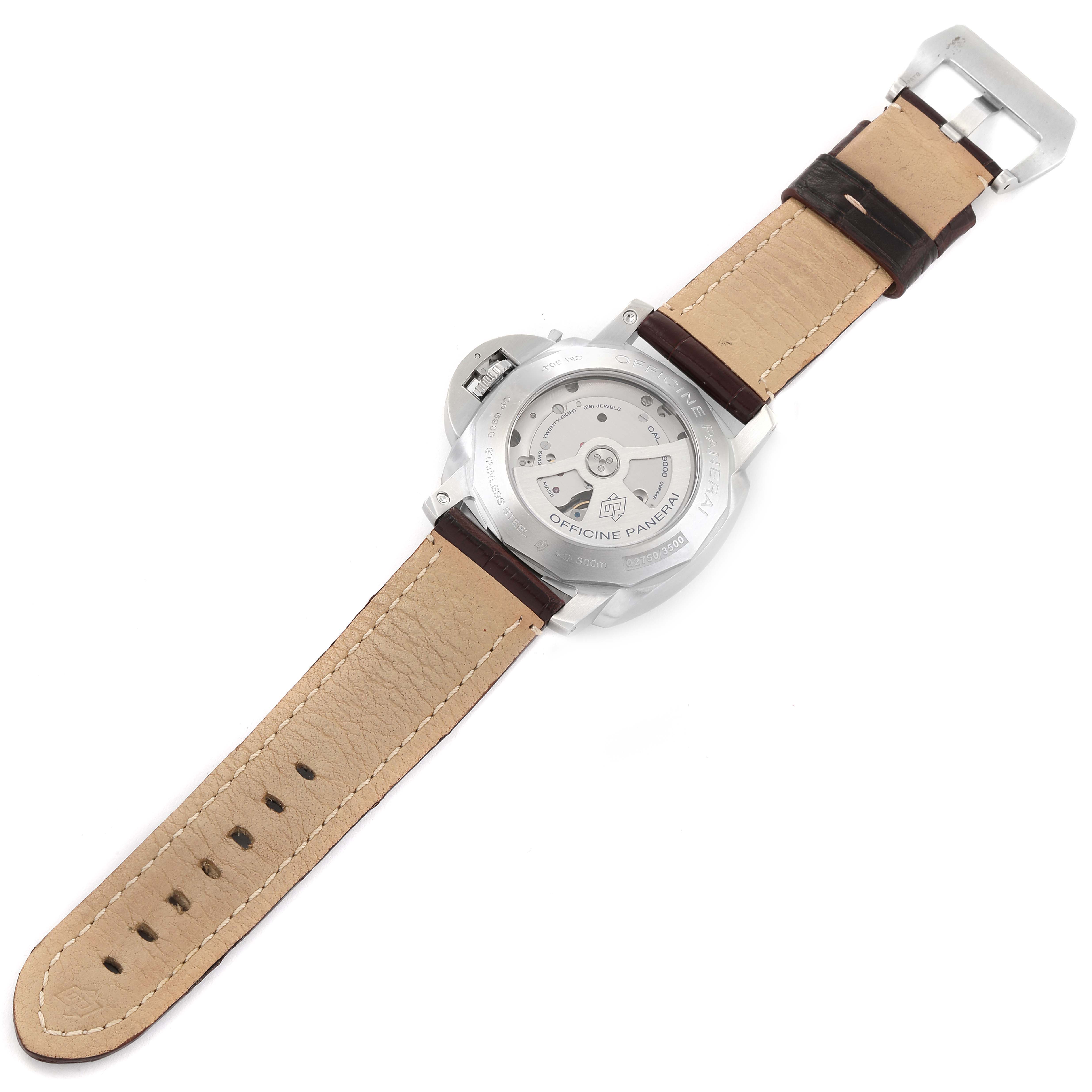 The image shows the rear view of a Panerai Luminor PAM00312 Men's Stainless Steel Black Dial PAM00312 Men's Stainless Steel Black Dial watch, displaying the case back and leather strap.