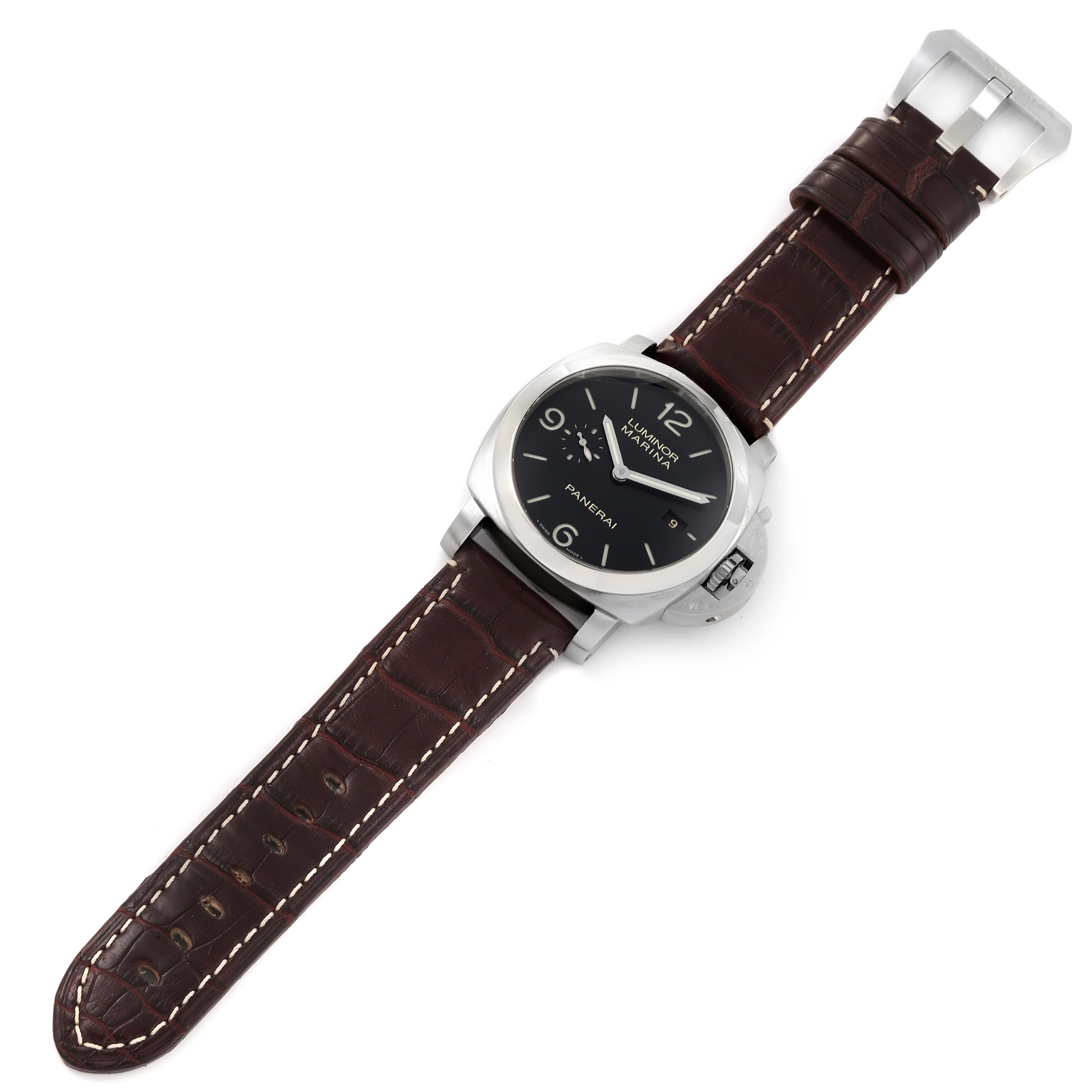 The image shows a top-down view of a Panerai Luminor PAM00312 Men's Stainless Steel Black Dial PAM00312 Men's Stainless Steel Black Dial watch with a brown leather strap and black dial.