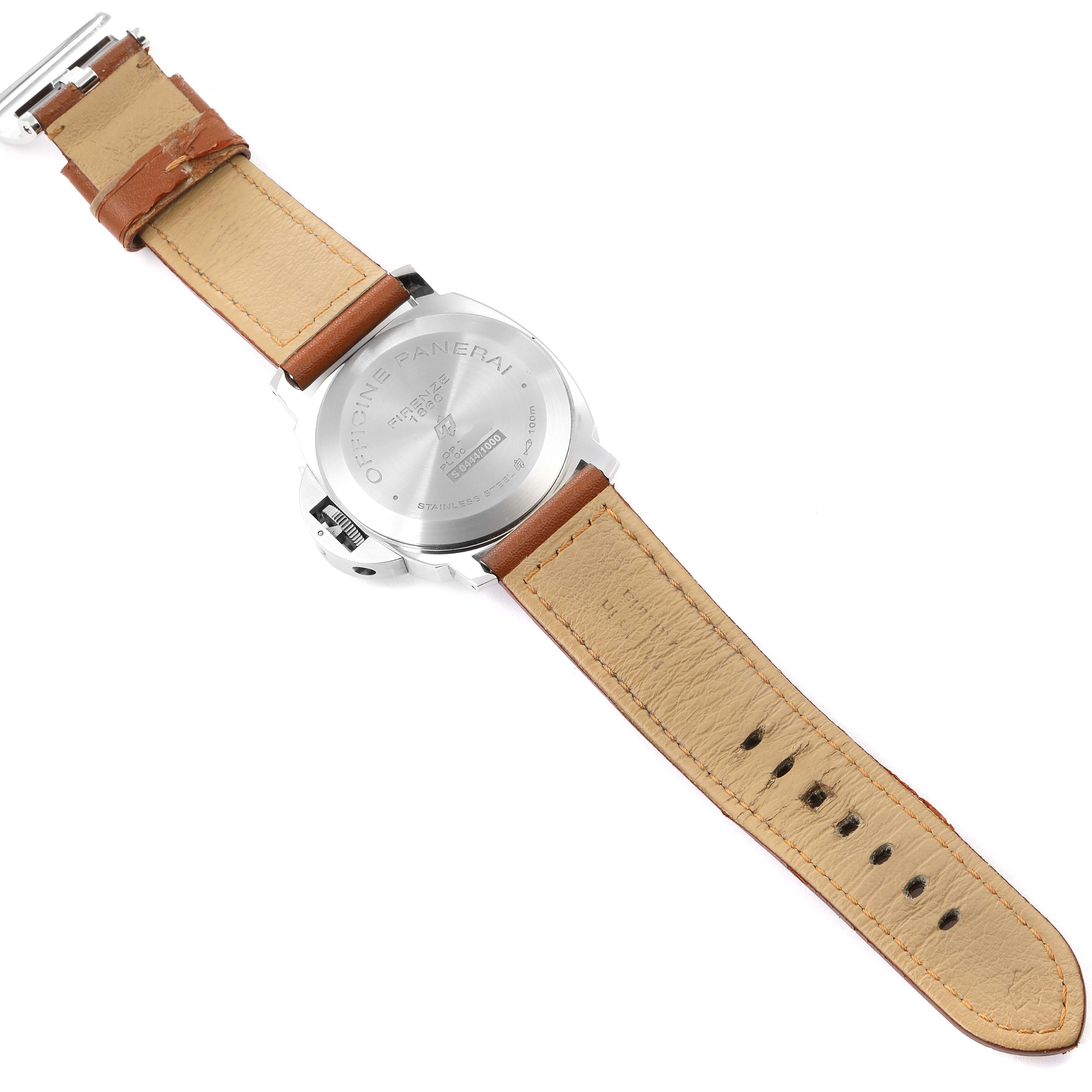 The image shows the backside and strap of the Luminor model watch by Panerai.