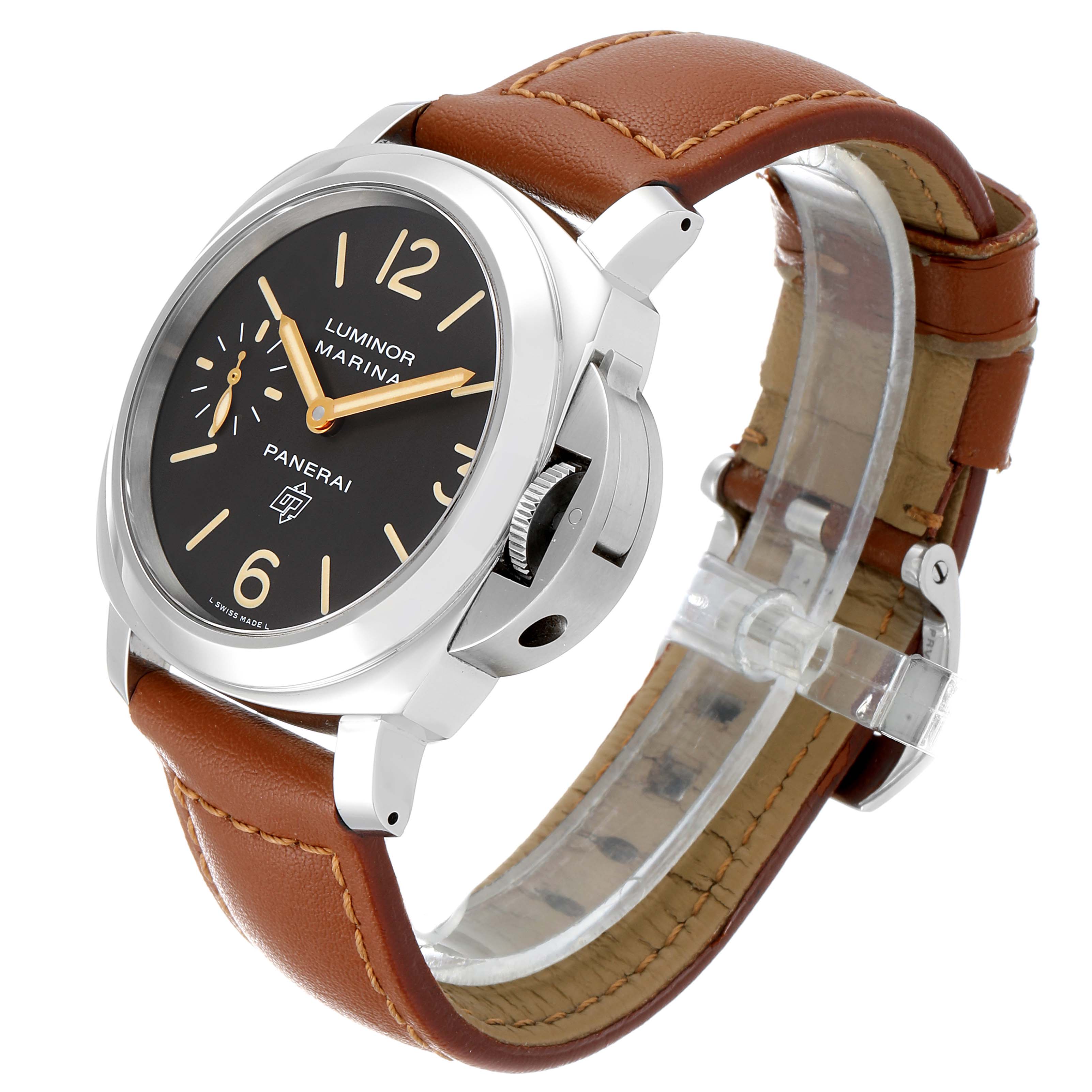 The image shows a Panerai Luminor PAM00632 Men's Stainless Steel Brown Dial PAM00632 Men's Stainless Steel Brown Dial watch from an angled side view, highlighting its brown leather strap and crown guard.
