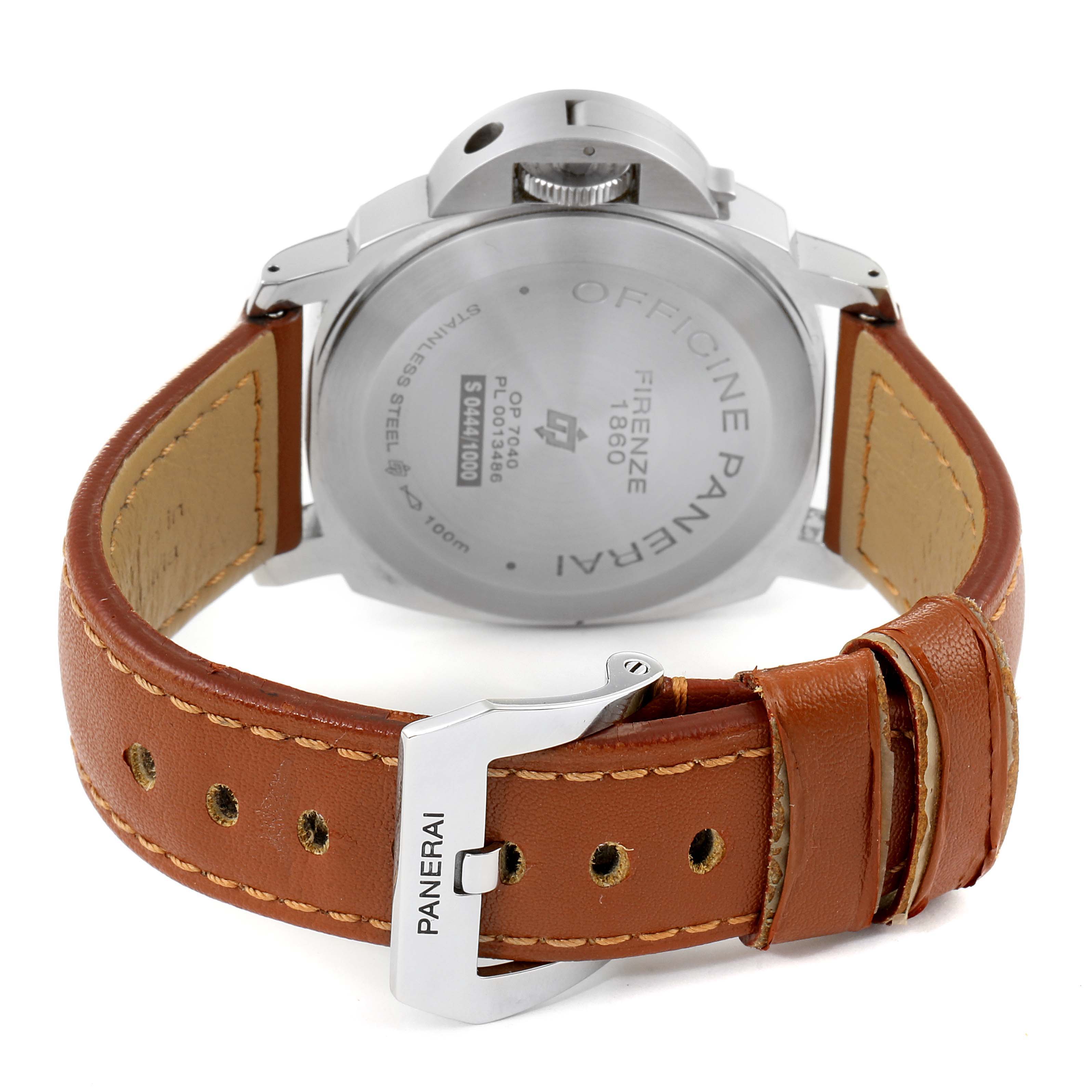 This image shows the back case and leather strap of a Panerai Luminor PAM00632 Men's Stainless Steel Brown Dial PAM00632 Men's Stainless Steel Brown Dial watch, including the buckle with the brand name.