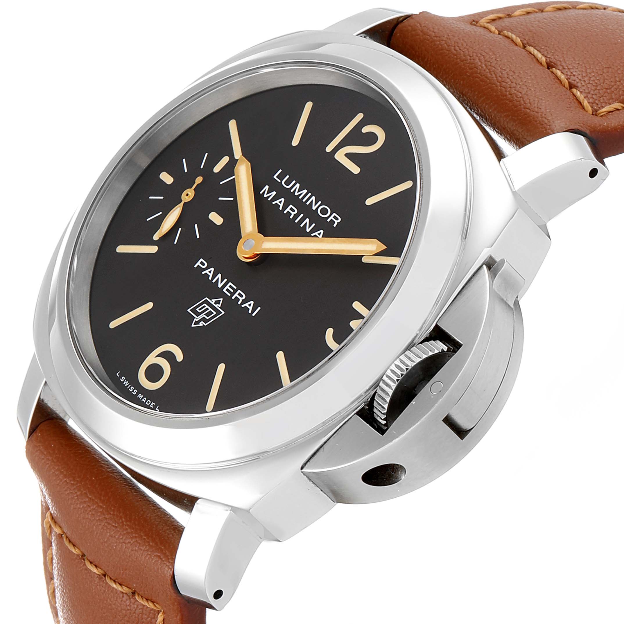 The image shows the front and side of a Panerai Luminor PAM00632 Men's Stainless Steel Brown Dial PAM00632 Men's Stainless Steel Brown Dial watch, featuring the dial, case, crown, and leather strap.