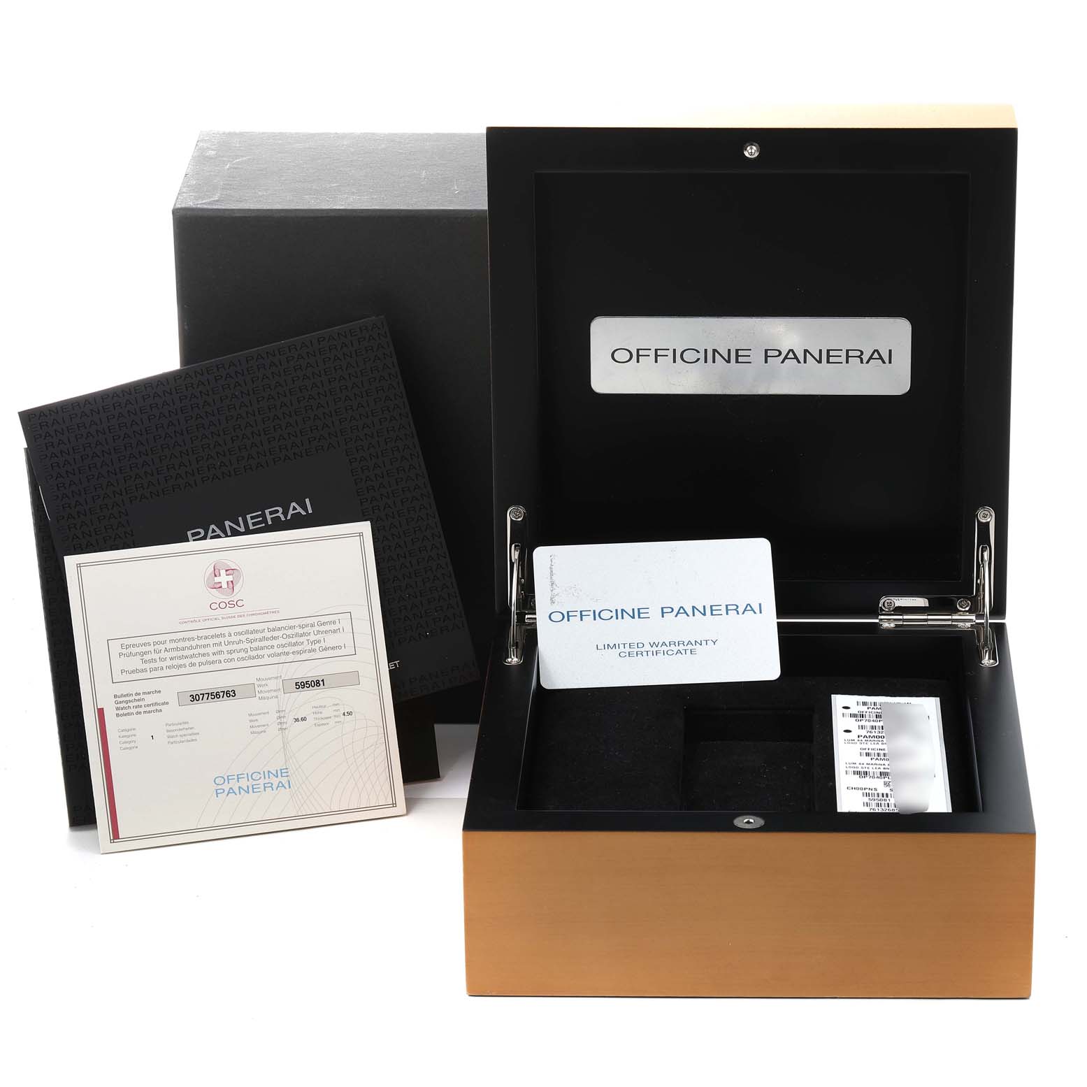 The image shows the box and warranty documents for a Panerai Luminor PAM00632 Men's Stainless Steel Brown Dial PAM00632 Men's Stainless Steel Brown Dial watch.