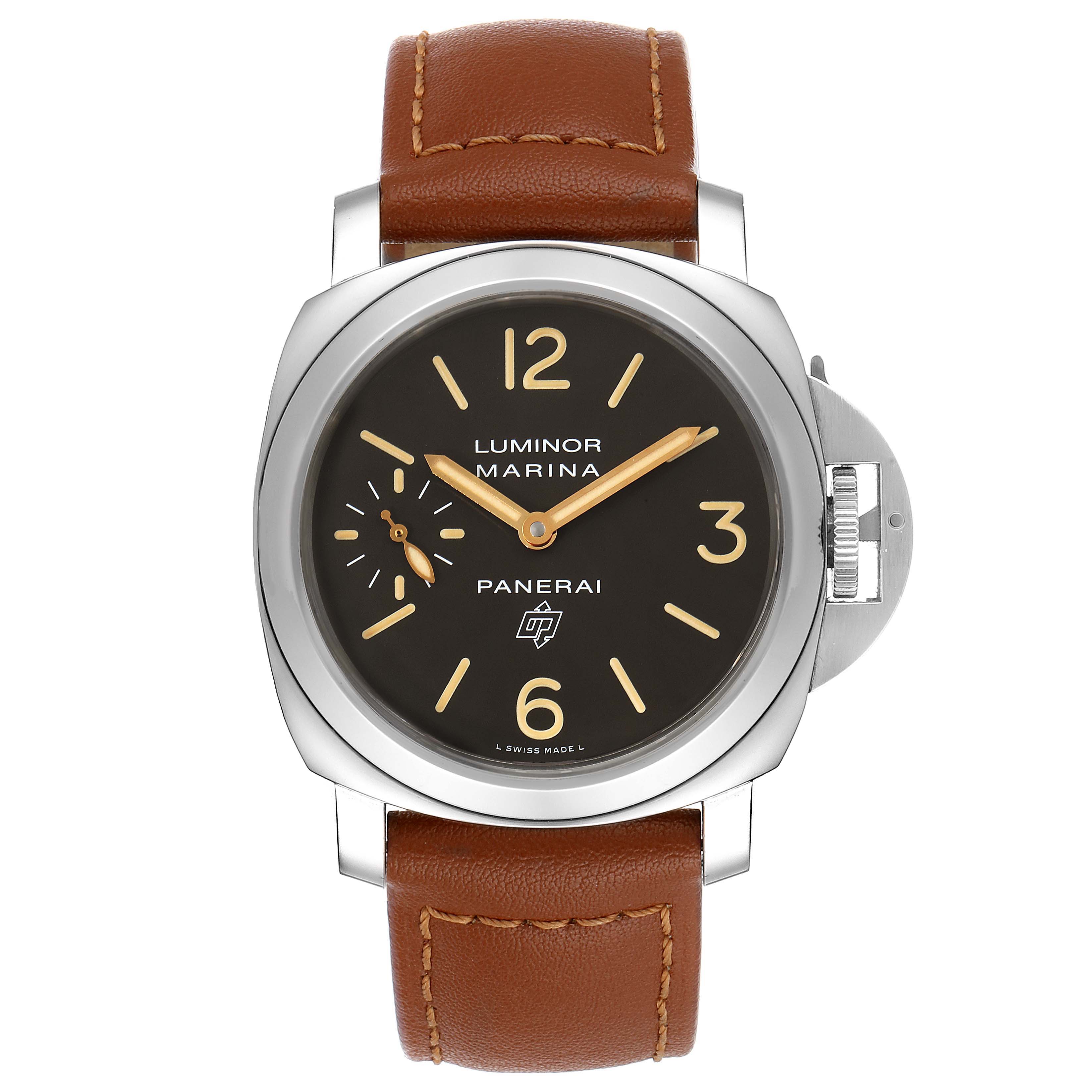 The image shows a frontal view of the Panerai Luminor PAM00632 Men's Stainless Steel Brown Dial PAM00632 Men's Stainless Steel Brown Dial Marina watch, including the face, bezel, and leather strap.