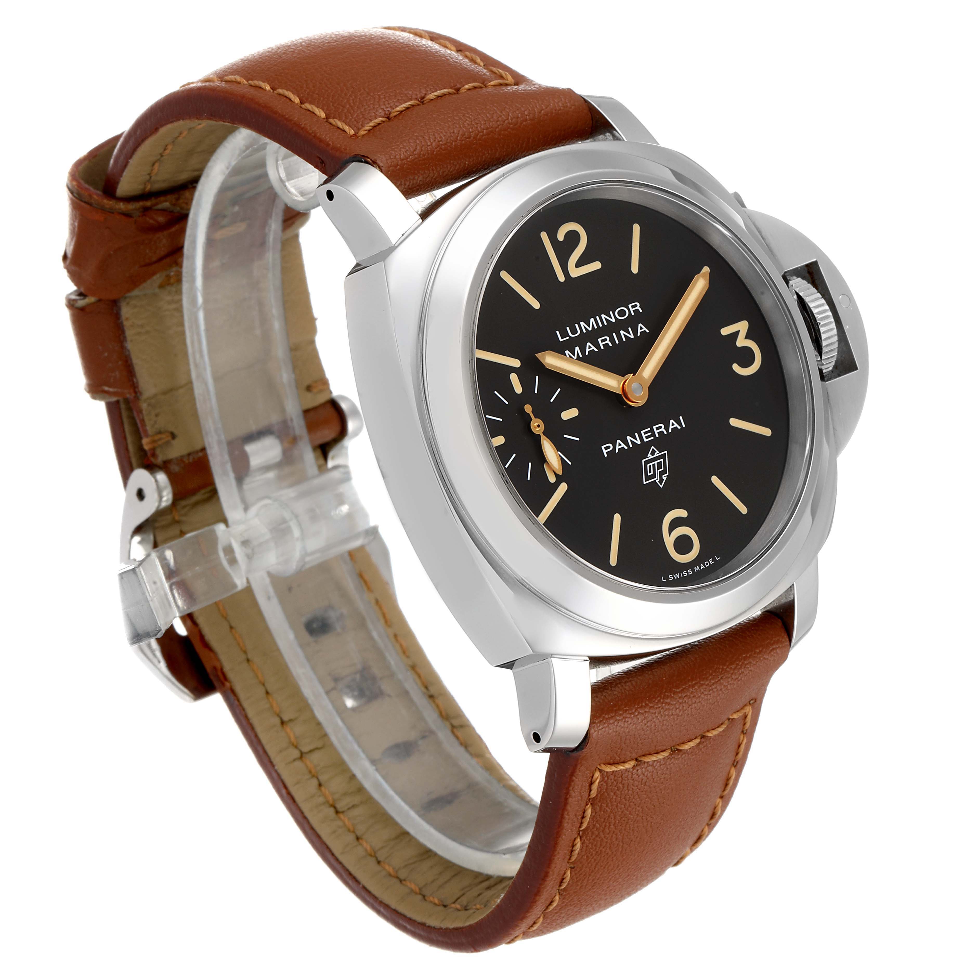 The image shows a Panerai Luminor PAM00632 Men's Stainless Steel Brown Dial PAM00632 Men's Stainless Steel Brown Dial watch at an angle, highlighting the dial, case, and brown leather strap.