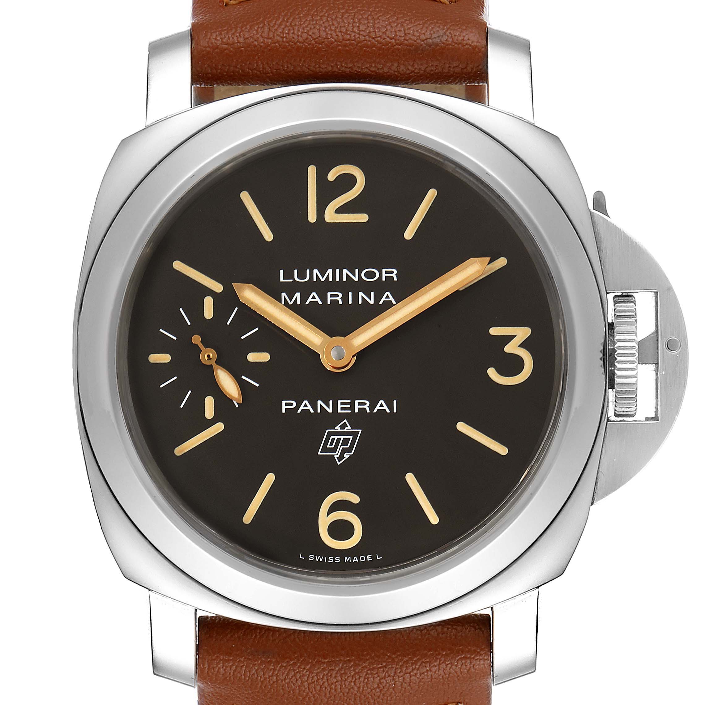 The image shows a front view of a Panerai Luminor PAM00632 Men's Stainless Steel Brown Dial PAM00632 Men's Stainless Steel Brown Dial Marina watch, highlighting the dial, crown guard, and brown leather strap.